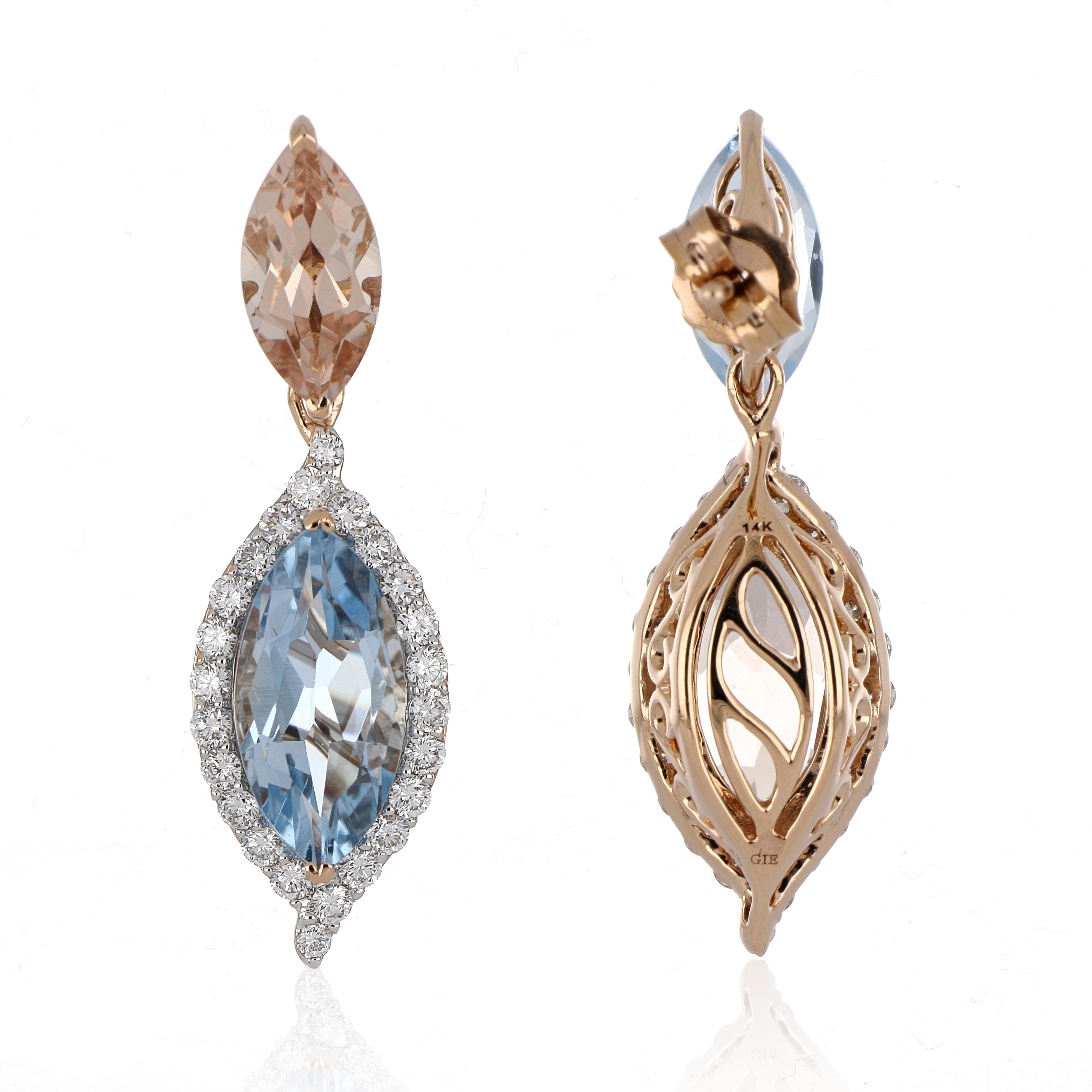 Contemporary 5.48 Carat Total Morganite and Aquamarine Earring with Diamonds in 18 Karat Gold For Sale