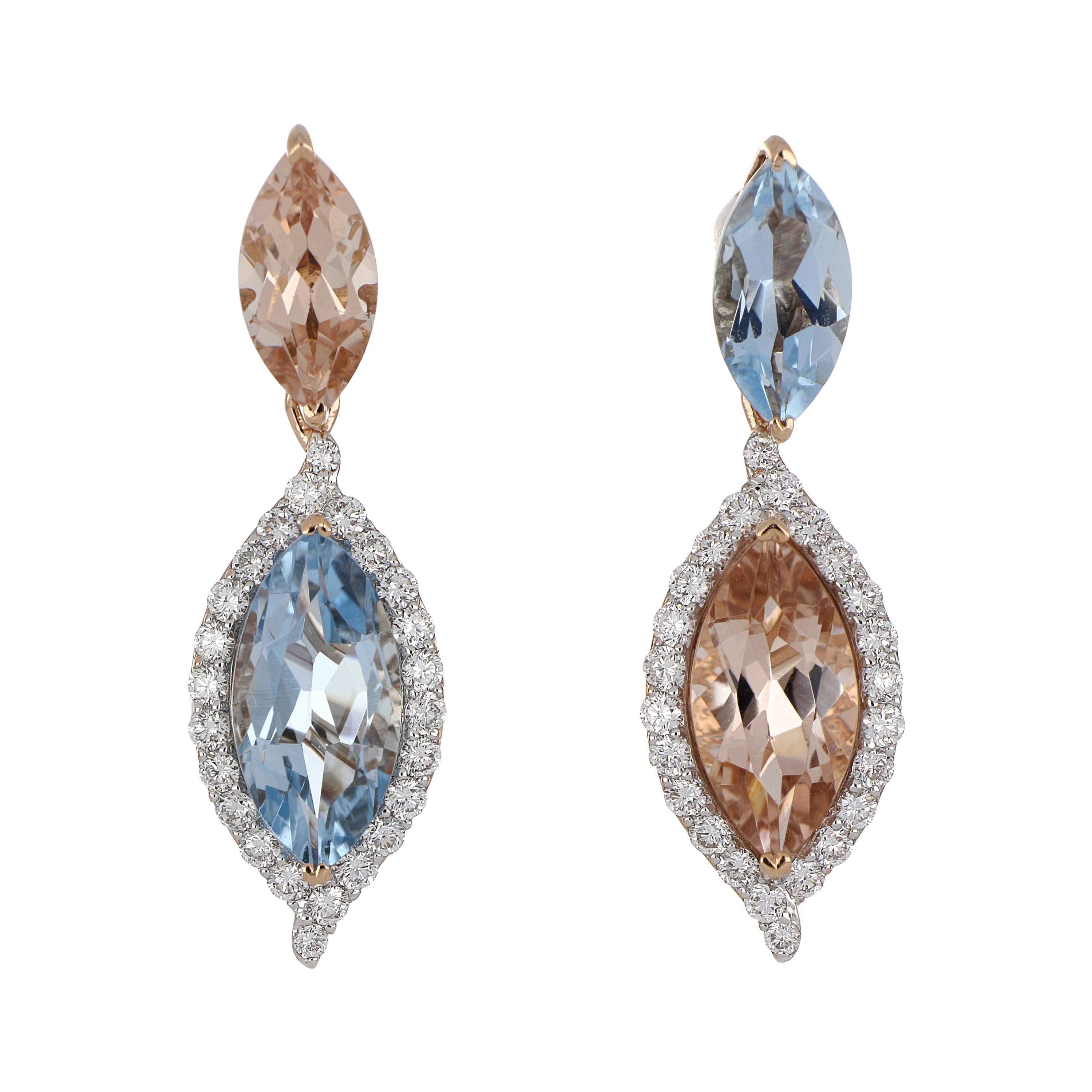 5.48 Carat Total Morganite and Aquamarine Earring with Diamonds in 18 Karat Gold For Sale