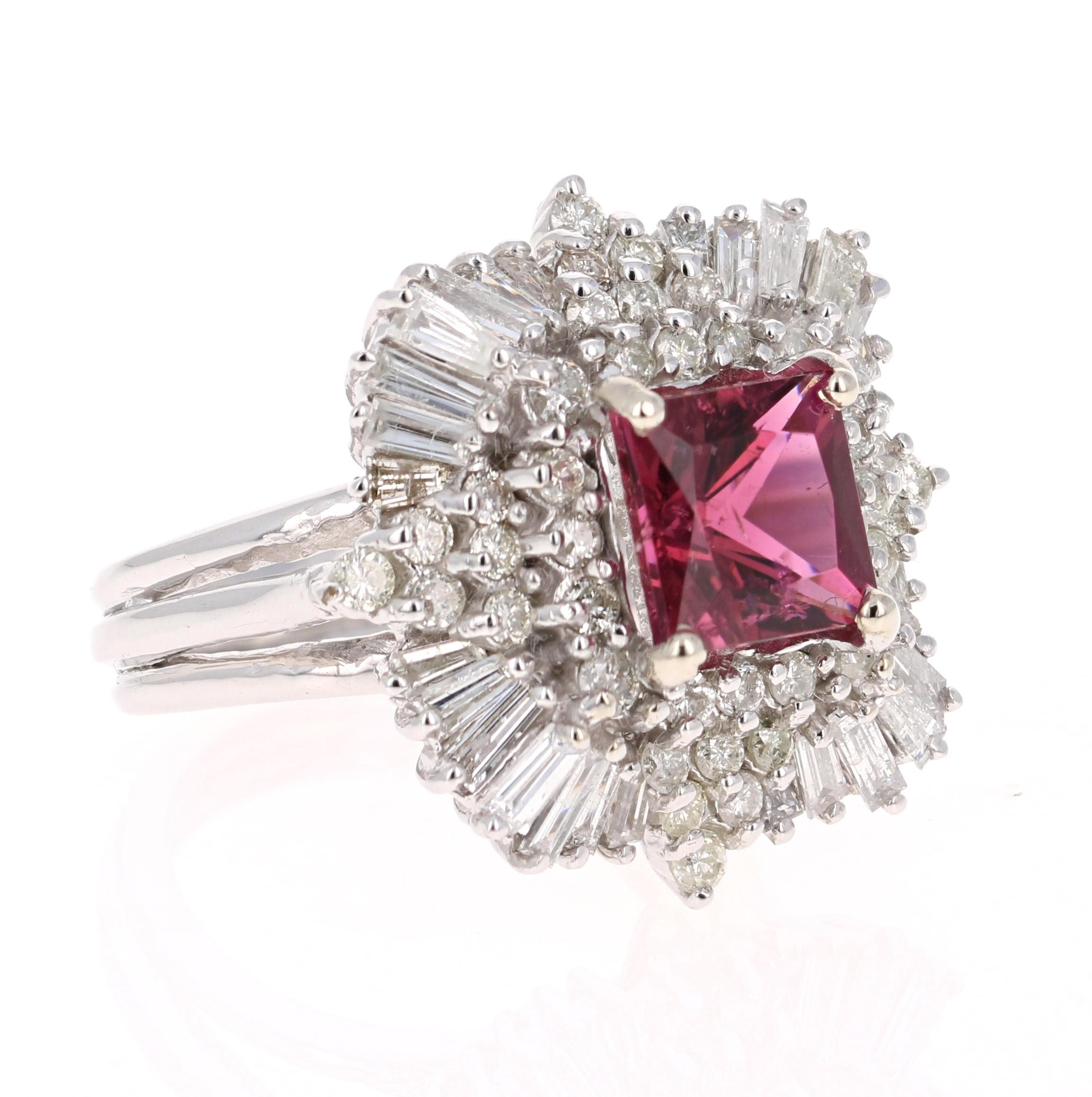 The most beautiful Ballerina ring to be designed! Truly a collectors item! 

This ring has a square cut 3.06 Carat Tourmaline and is surrounded by 28 Baguette Cut Diamonds that weigh 1.42 Carats and 40 Round Cut Diamonds that weigh 1.00 Carat. The