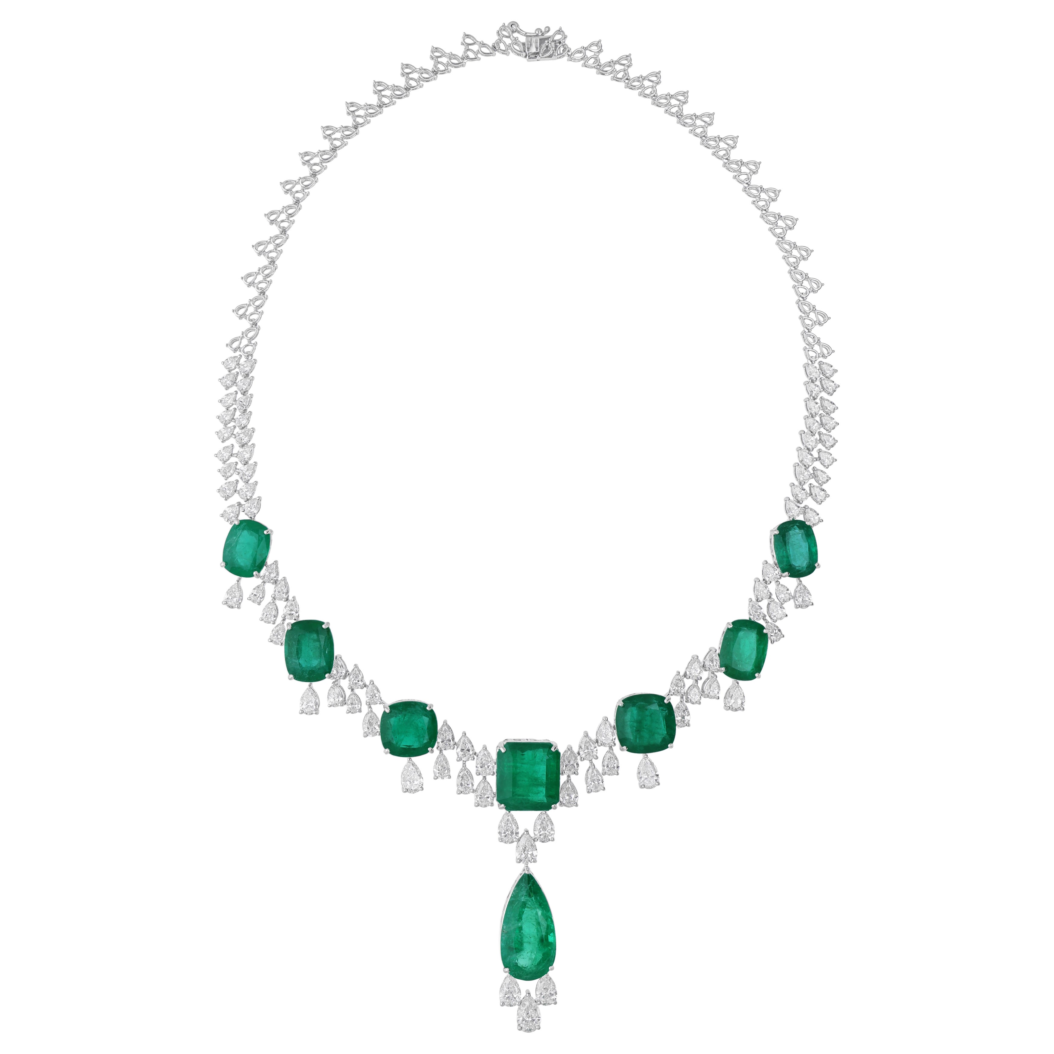 54.8 Carat Zambian Emerald 16.90 Carat SI/H Diamond Necklace 14 Karat White Gold