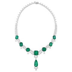 54.8 Carat Zambian Emerald 16.90 Carat SI/H Diamond Necklace 14 Karat White Gold