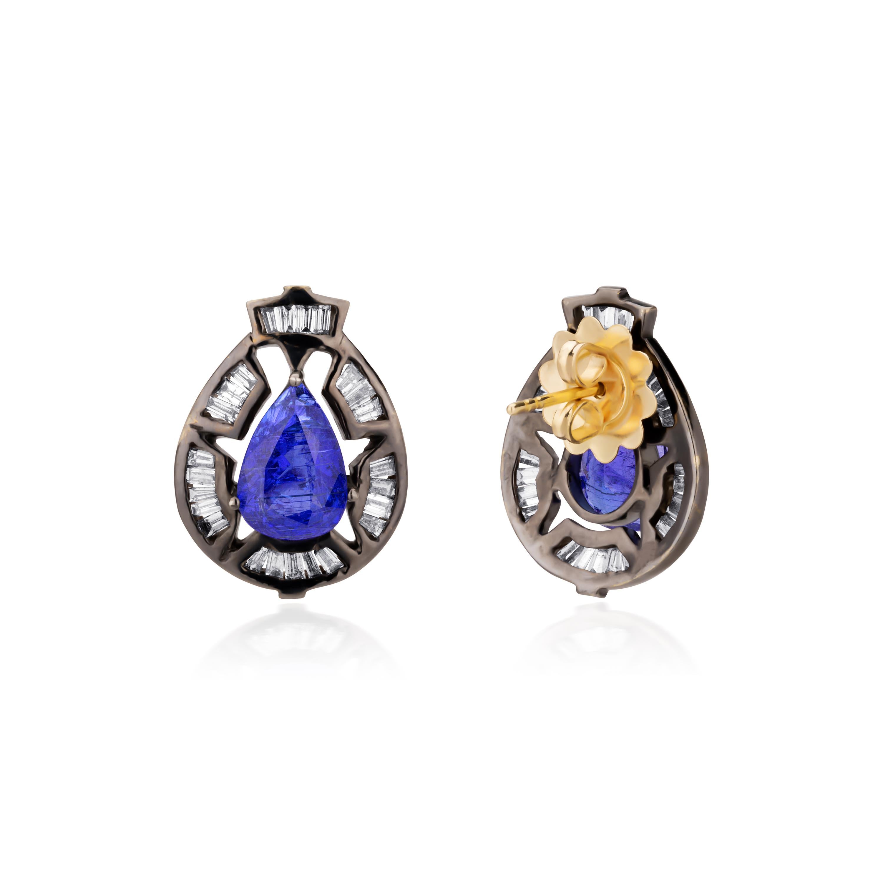 Pear Cut  5.48cttw Victorian Tanzanite and Diamond Victorian Stud Earrings in 18k Gold