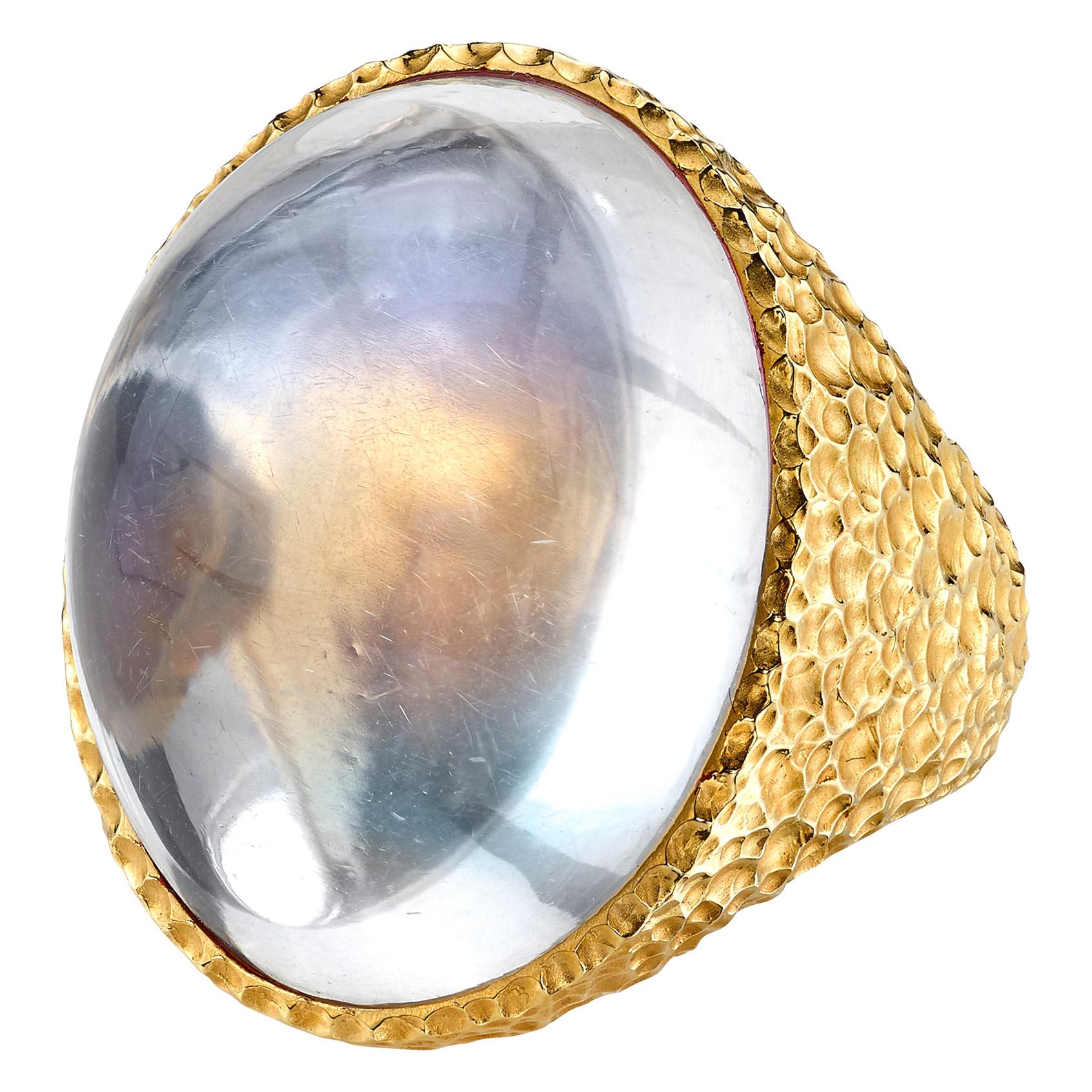 54.86 Carat Oval Moonstone Cabochon 18k Yellow Gold Stippled Band Dome Ring