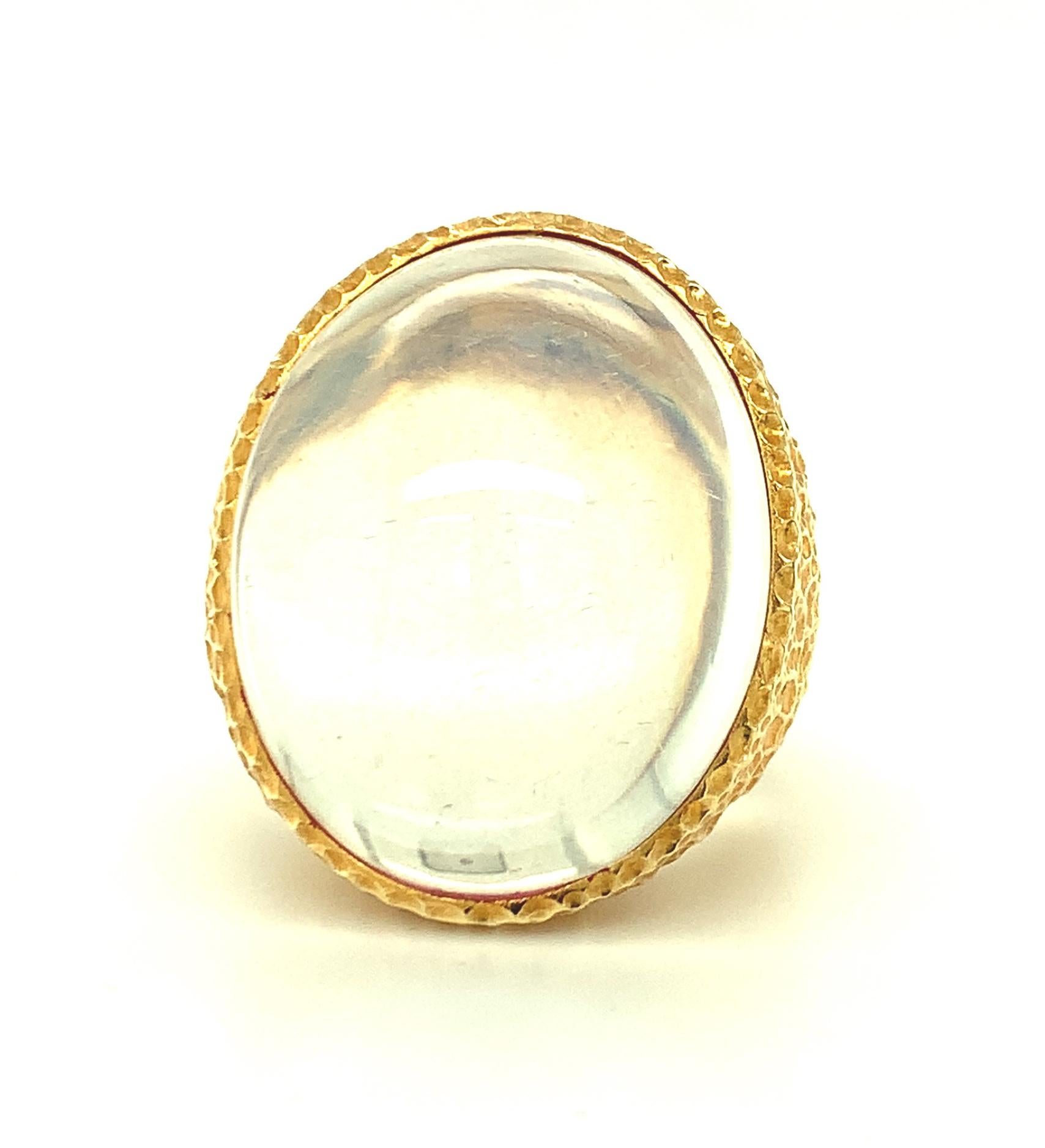 54.86 Carat Oval Moonstone Cabochon 18k Yellow Gold Stippled Band Dome Ring 2