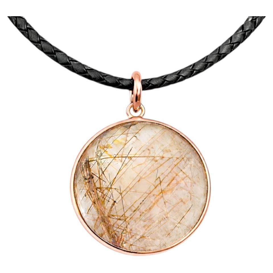 54.86 Carat Rutilated Quartz Crystal Cabochon in Rose Gold Pendant Necklace For Sale