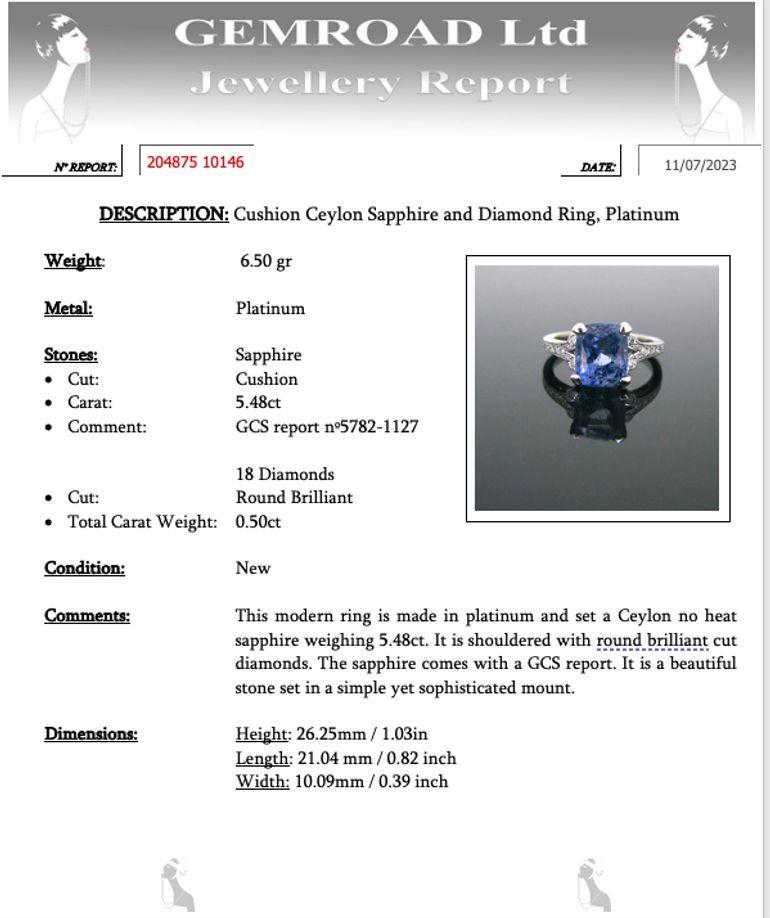 Anello con zaffiro di Ceylon e diamanti da 5,48 carati, platino in vendita 3
