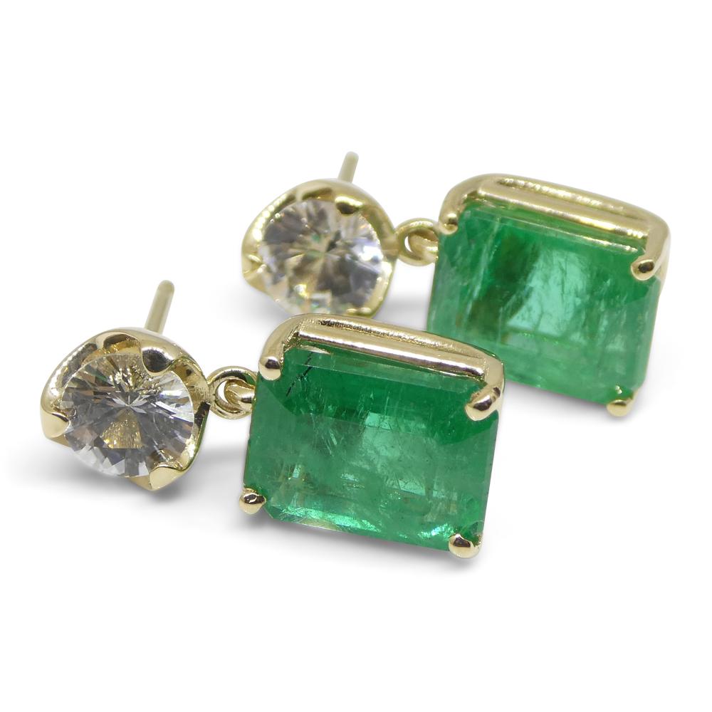 5.48ct Emerald & White Sapphire Earrings Set in 14k Yellow Gold For Sale 5
