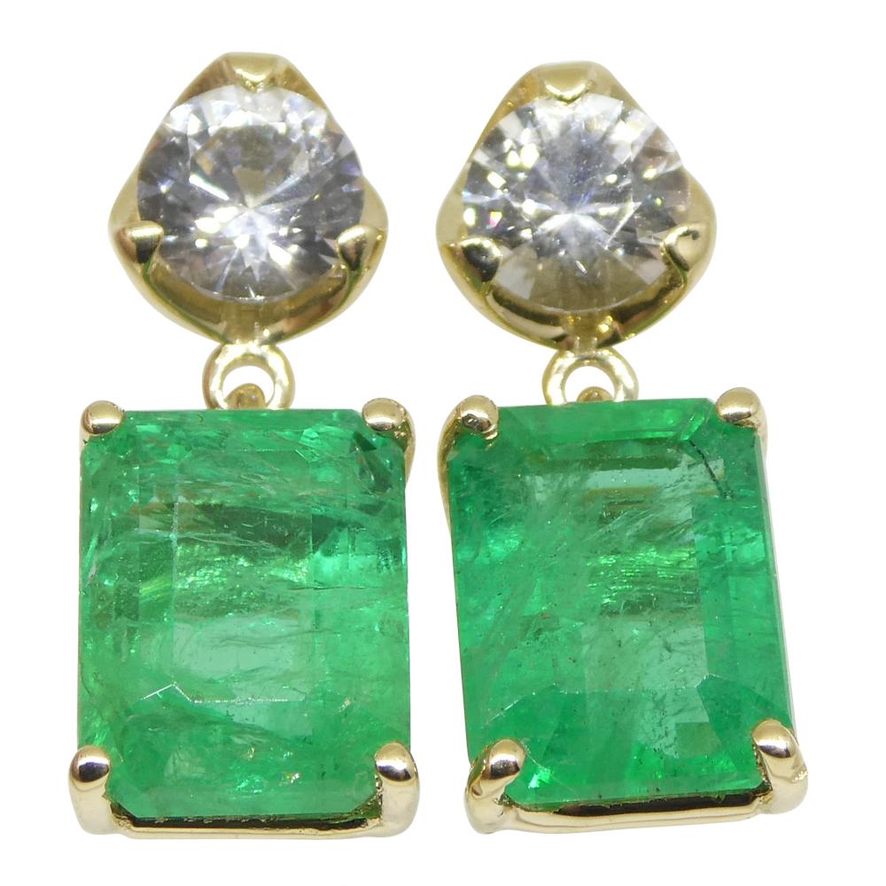 5.48ct Emerald & White Sapphire Earrings Set in 14k Yellow Gold For Sale 7