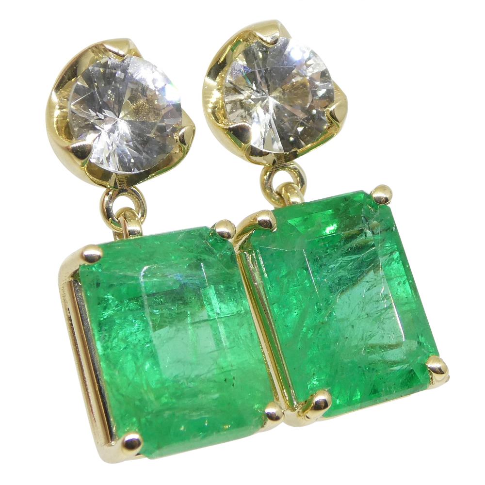 5.48ct Emerald & White Sapphire Earrings Set in 14k Yellow Gold For Sale 8