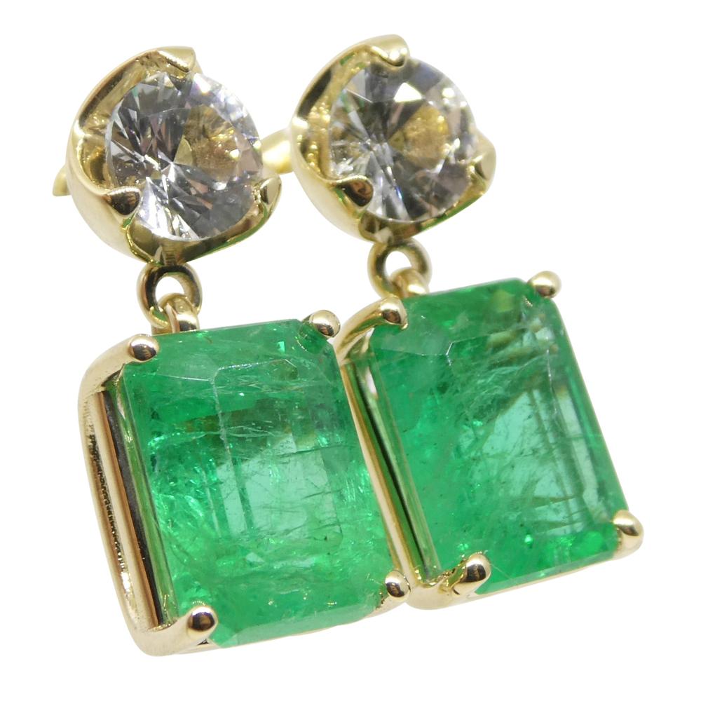 Contemporary 5.48ct Emerald & White Sapphire Earrings Set in 14k Yellow Gold For Sale