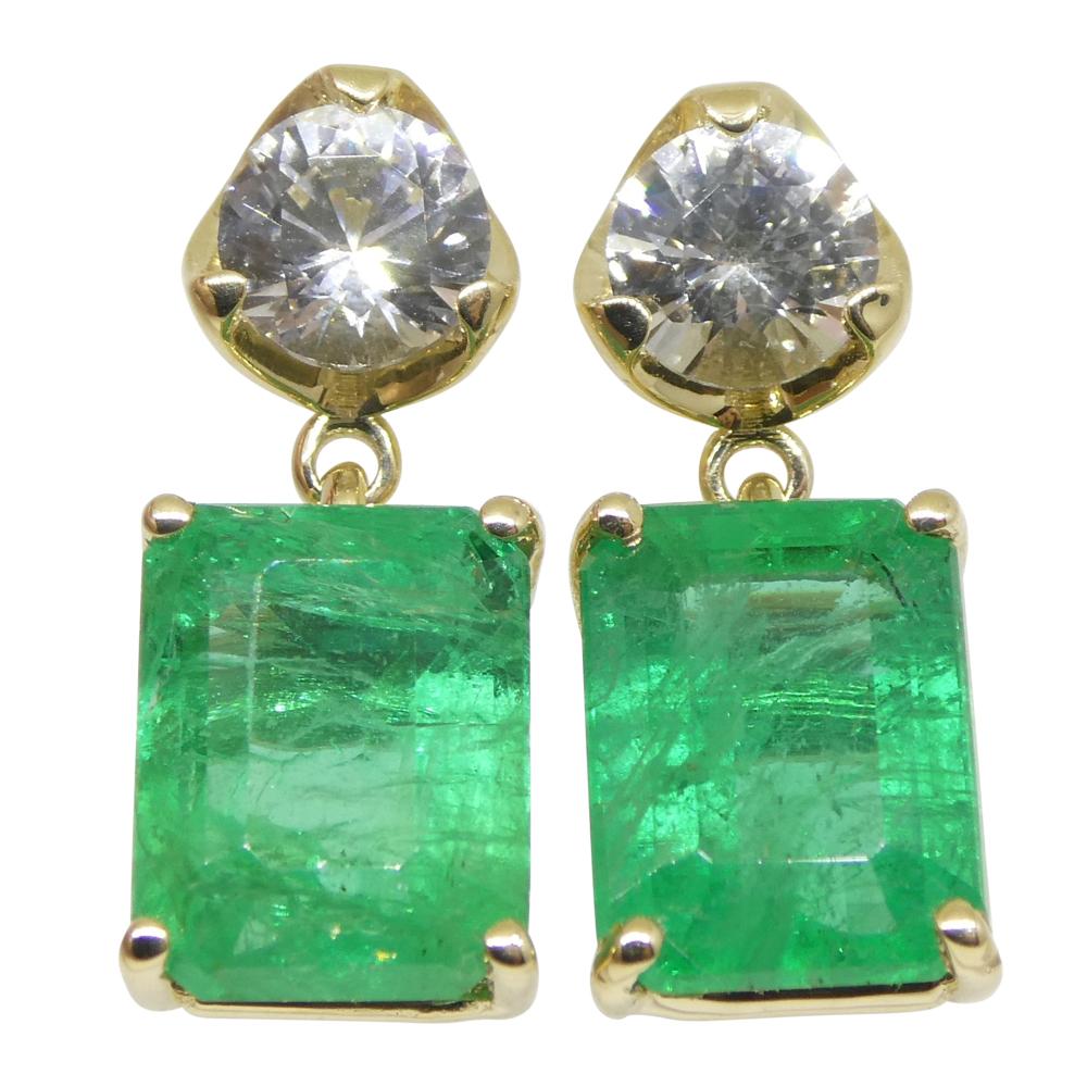 5.48ct Emerald & White Sapphire Earrings Set in 14k Yellow Gold For Sale 2