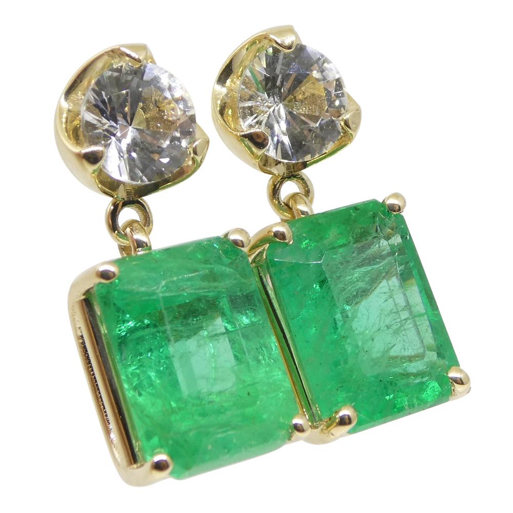 5.48ct Emerald & White Sapphire Earrings Set in 14k Yellow Gold For Sale 3