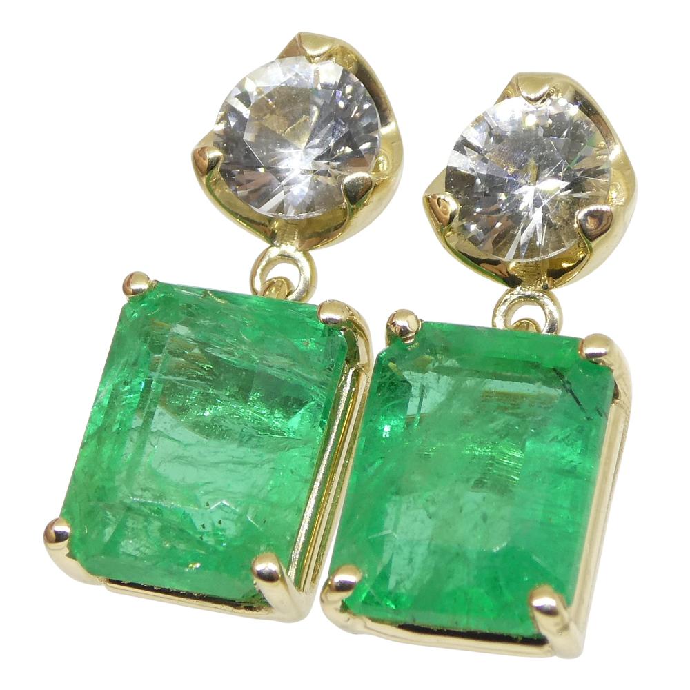 Emerald Cut 5.48ct Emerald & White Sapphire Earrings Set in 14k Yellow Gold For Sale