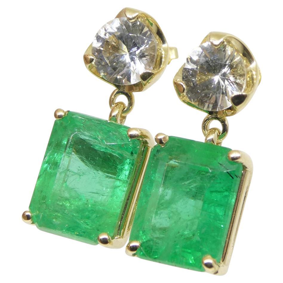 5.48ct Emerald & White Sapphire Earrings Set in 14k Yellow Gold For Sale