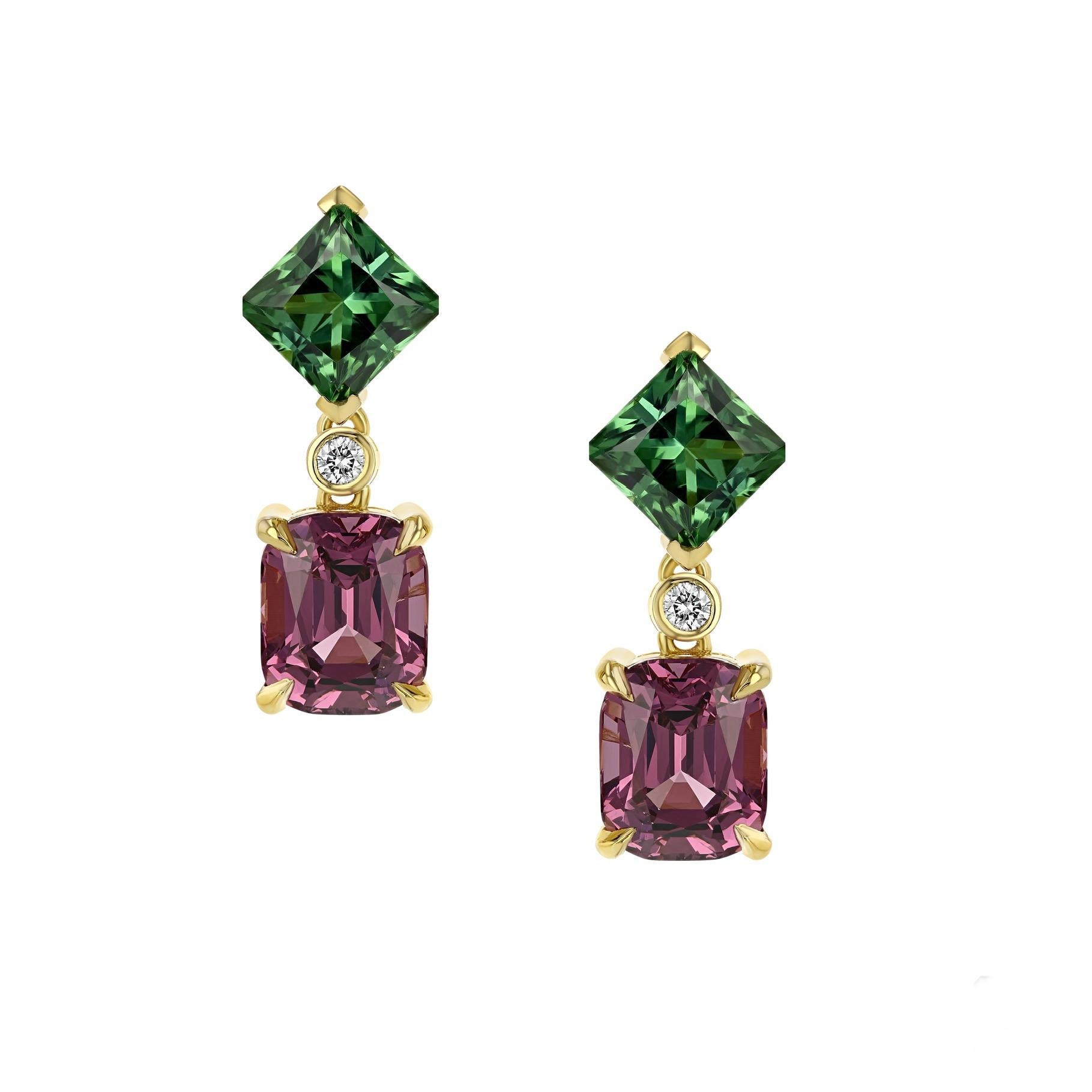 18K yellow gold earrings, featuring 5.48cts of untreated Burmese spinels, paired with 2.82cts of untreated Brazilian Green Tourmalines, and 0.06cts white diamonds. 
