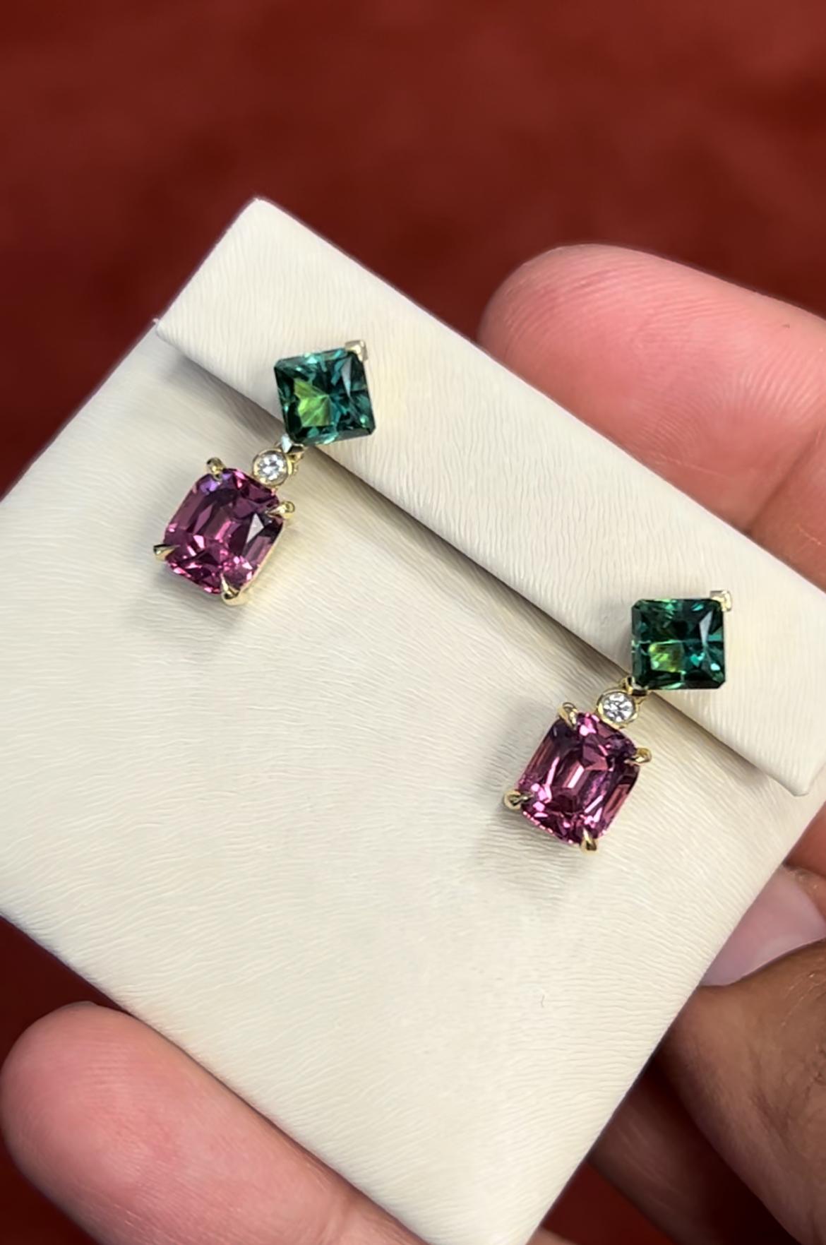 Antique Cushion Cut 5.48ct Spinel and 2.82ct Green Tourmaline Earrings. For Sale