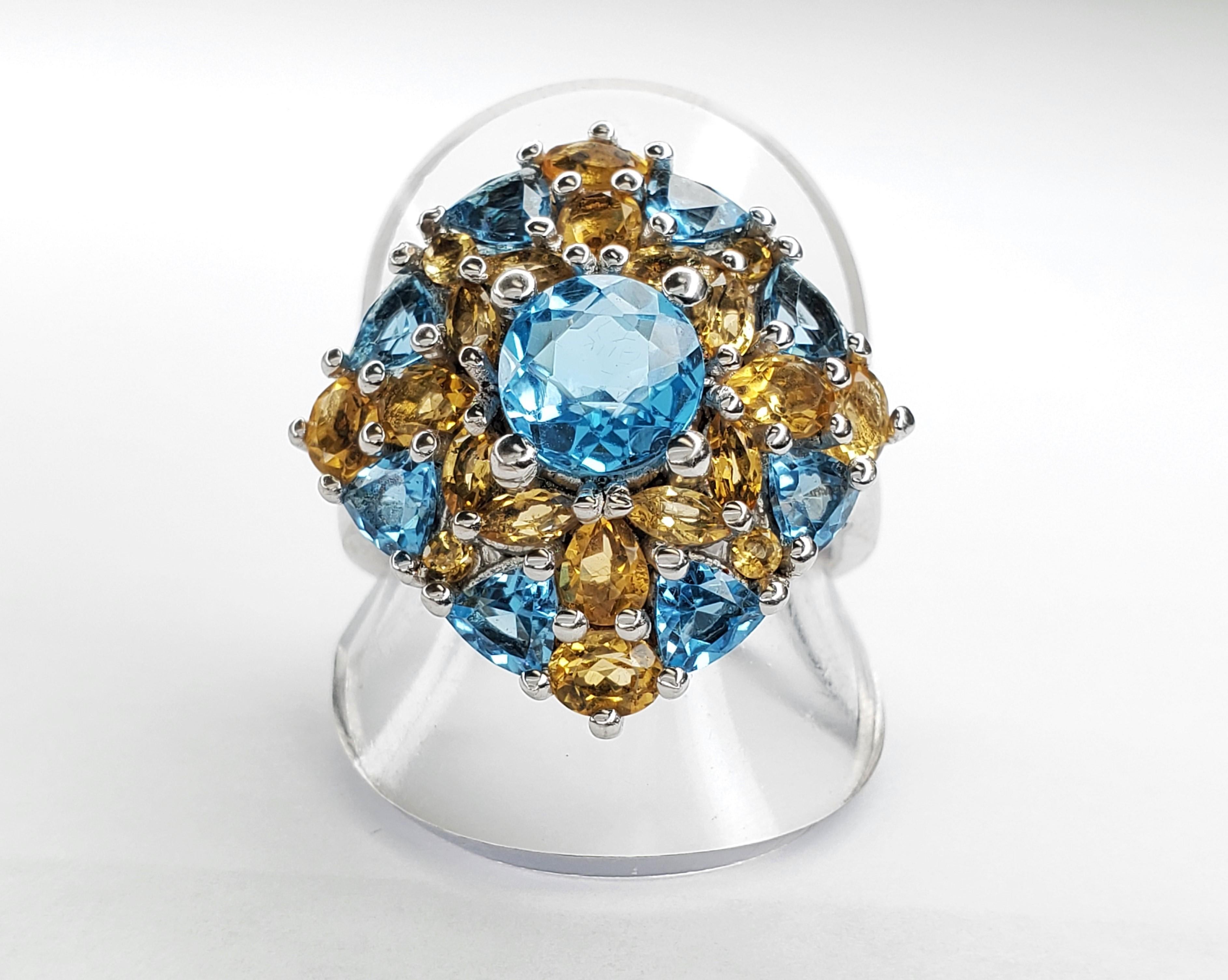 Round Cut 5.48cttw Swiss Blue Topaz and Citrine Sterling Silver Ring