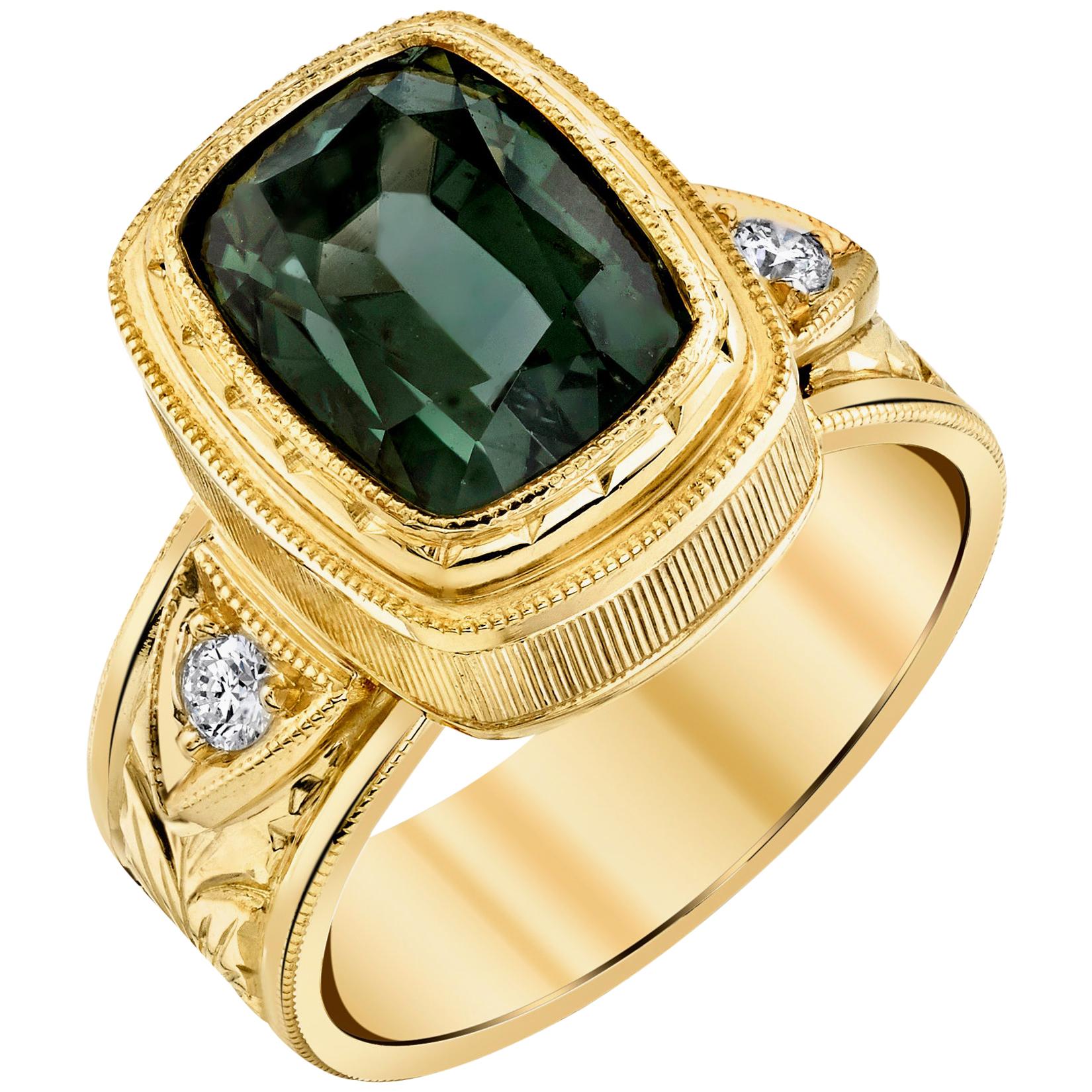 5.49 ct. Green Tourmaline, Diamond, Yellow Gold Bezel Engraved Band Ring