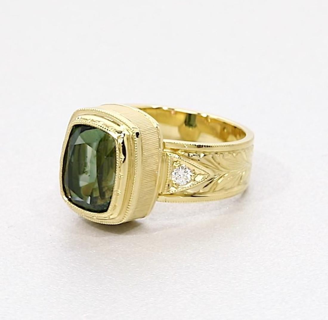 Cushion Cut 5.49 ct. Green Tourmaline, Diamond, Yellow Gold Bezel Engraved Band Ring