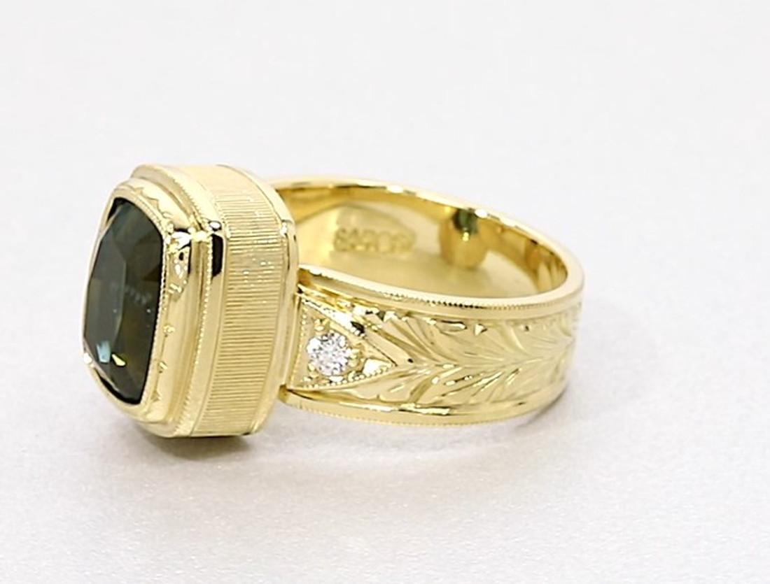 Artisan 5.49 ct. Green Tourmaline, Diamond, Yellow Gold Bezel Engraved Band Ring