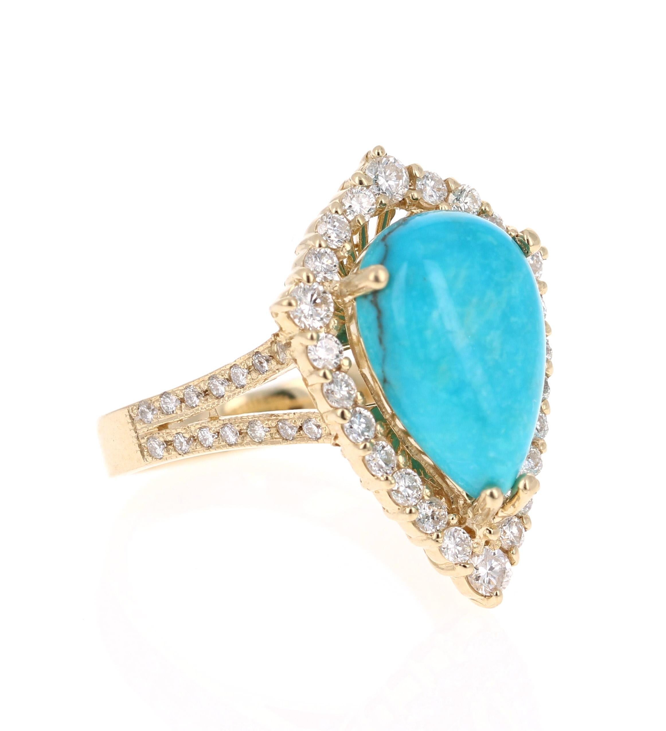 This is an exceptional and unique beauty! 

The Pear Cut Turquoise is 4.48 Carats and is surrounded by a cluster of beautifully set diamonds. There are 50 Round Cut Diamonds that weigh 1.01 Carats. The total carat weight of the ring is 5.49 Carats.