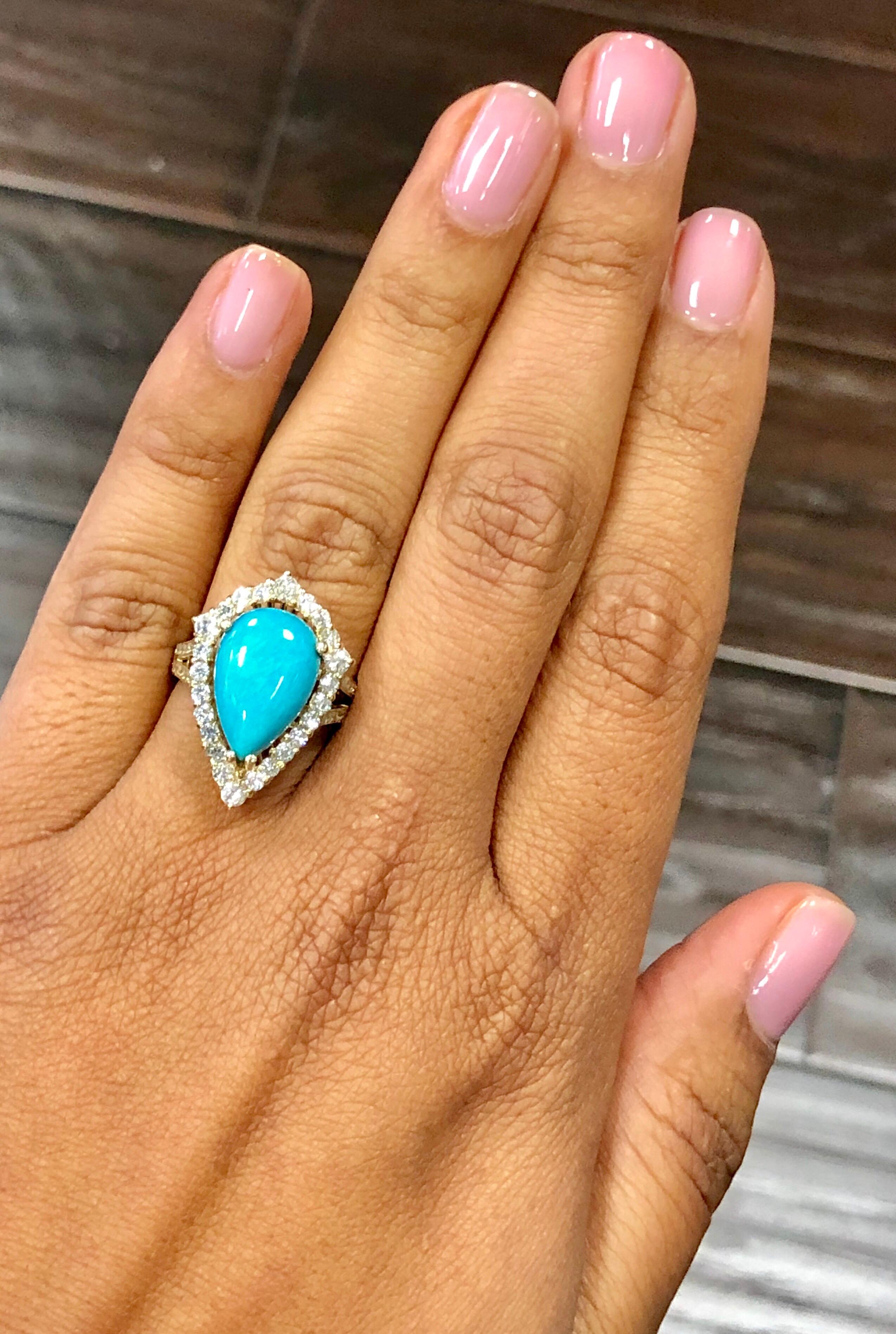 5.49 Carat Turquoise Diamond 14 Karat Yellow Gold Cocktail Ring In New Condition In Los Angeles, CA