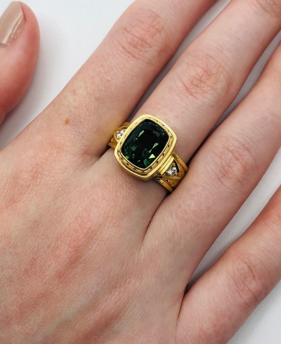 Women's or Men's 5.49 ct. Green Tourmaline, Diamond, Yellow Gold Bezel Engraved Band Ring