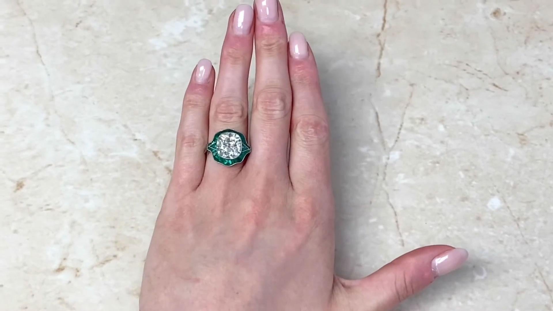 Art Deco Antique Cushion Cut Diamond Engagement Ring (Approx. 5.40-Carats), Emerald Halo For Sale