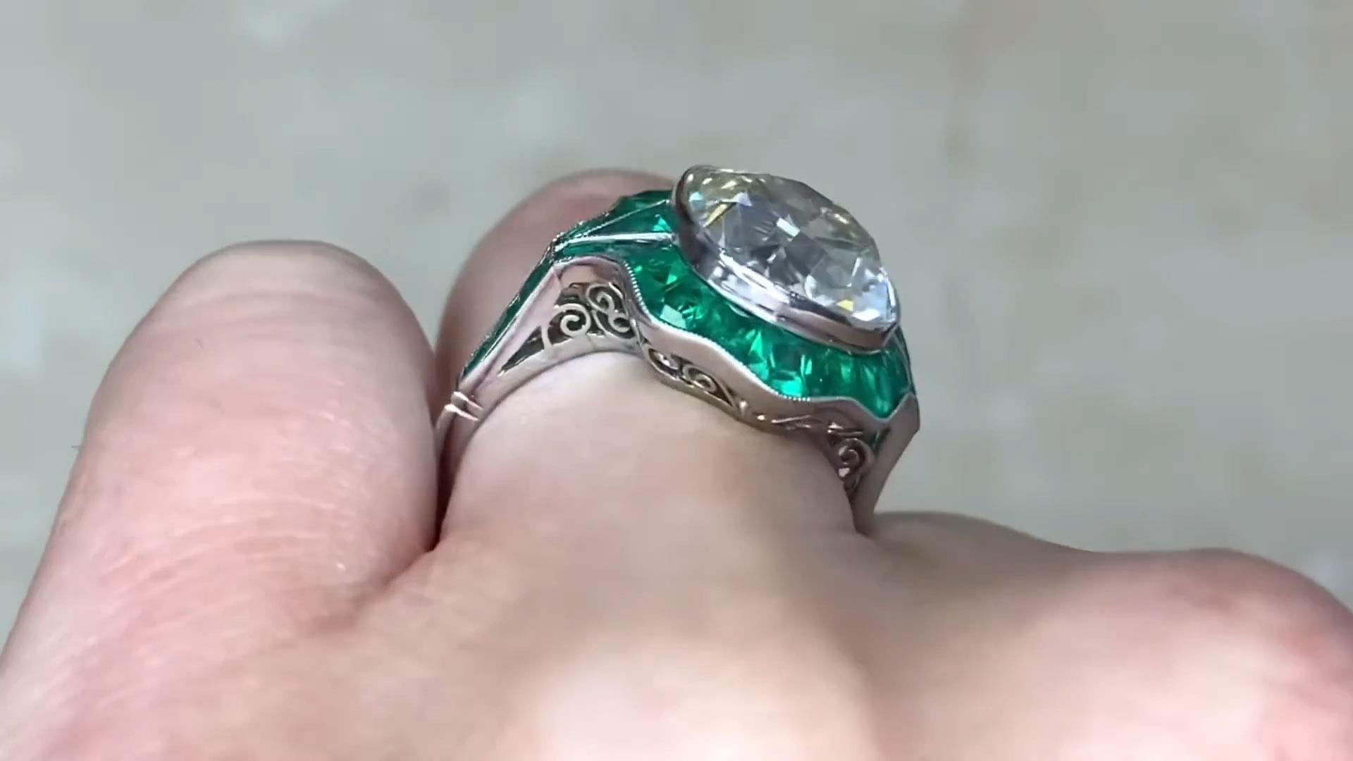 Antique Cushion Cut Diamond Engagement Ring (Approx. 5.40-Carats), Emerald Halo In Excellent Condition For Sale In New York, NY