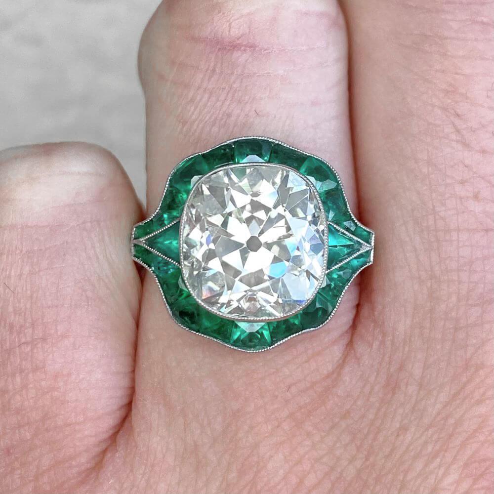 Women's 5.49ct Cushion Cut Diamond Engagement Ring, Emerald Halo, Antique Cushion Cut For Sale