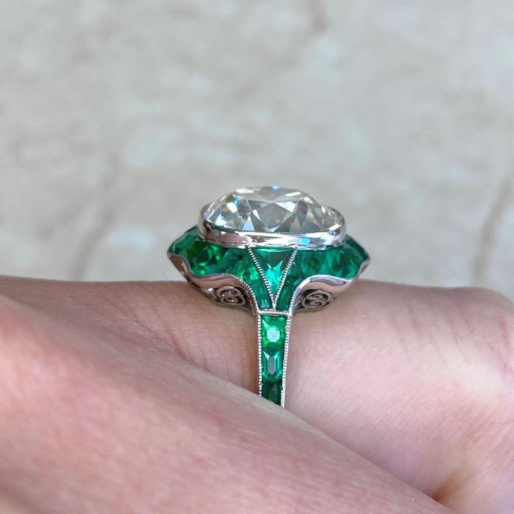 5.49ct Cushion Cut Diamond Engagement Ring, Emerald Halo, Antique Cushion Cut For Sale 1