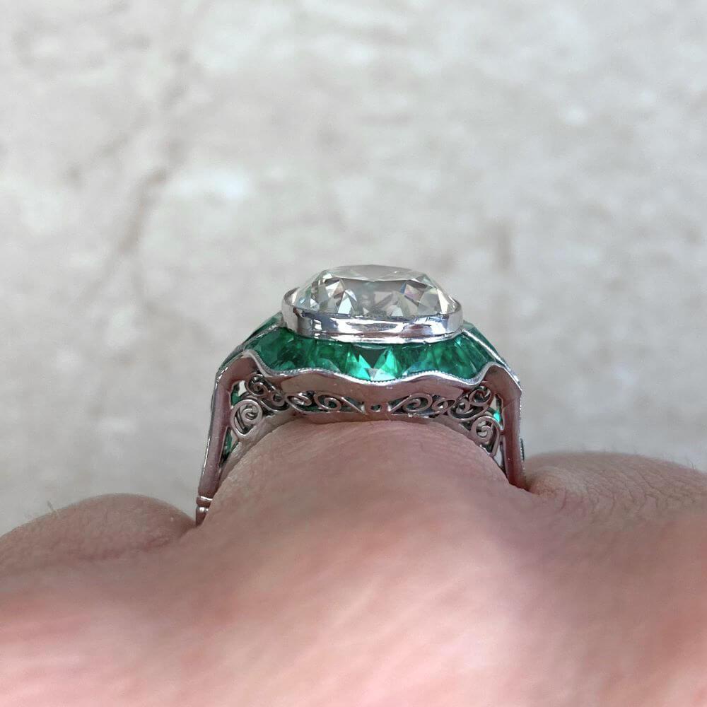5.49ct Cushion Cut Diamond Engagement Ring, Emerald Halo, Antique Cushion Cut For Sale 2