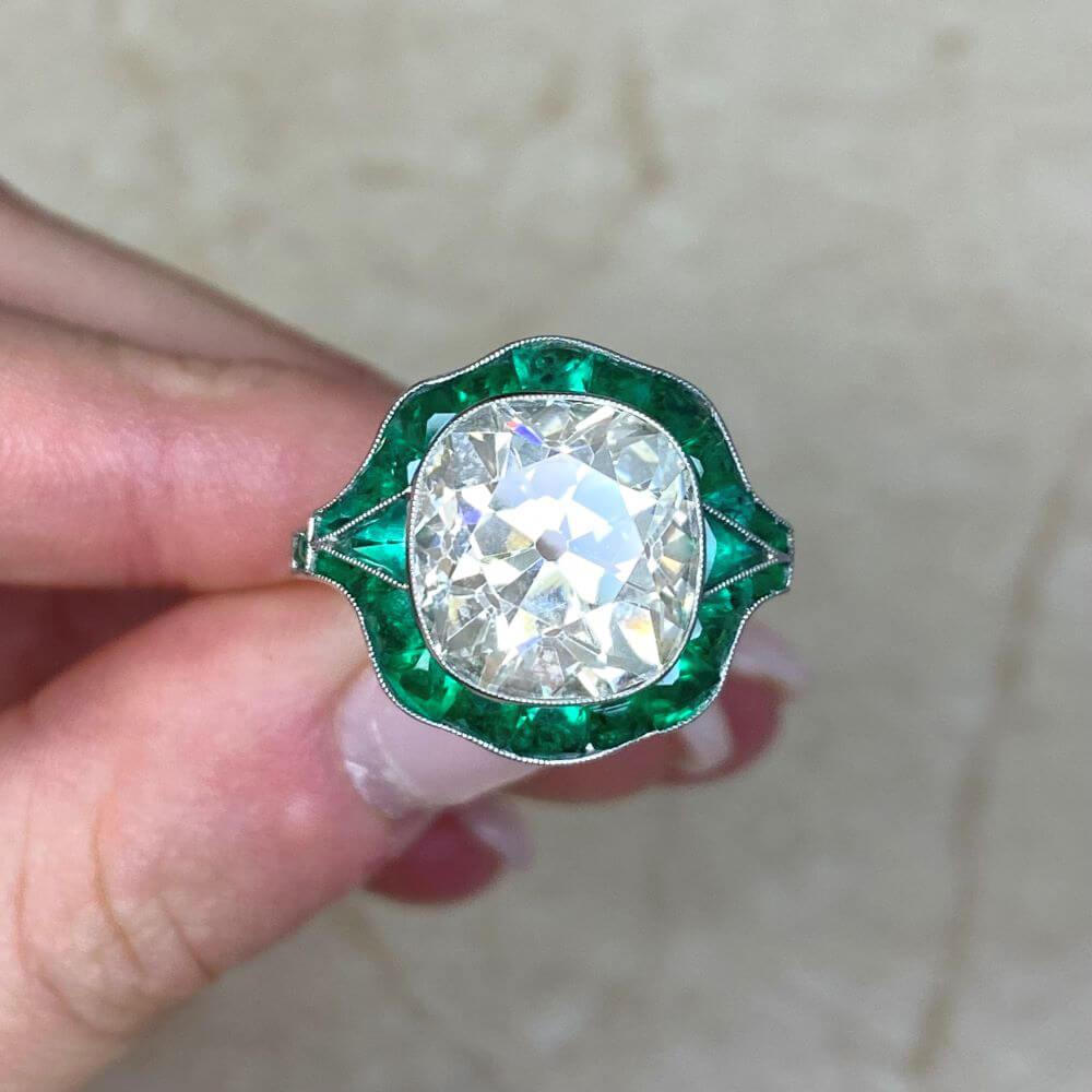5.49ct Cushion Cut Diamond Engagement Ring, Emerald Halo, Antique Cushion Cut For Sale 4