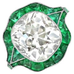 Bague de fiançailles en diamant taillé en coussin de 5,49ct, halo d'émeraude, taille coussin antique