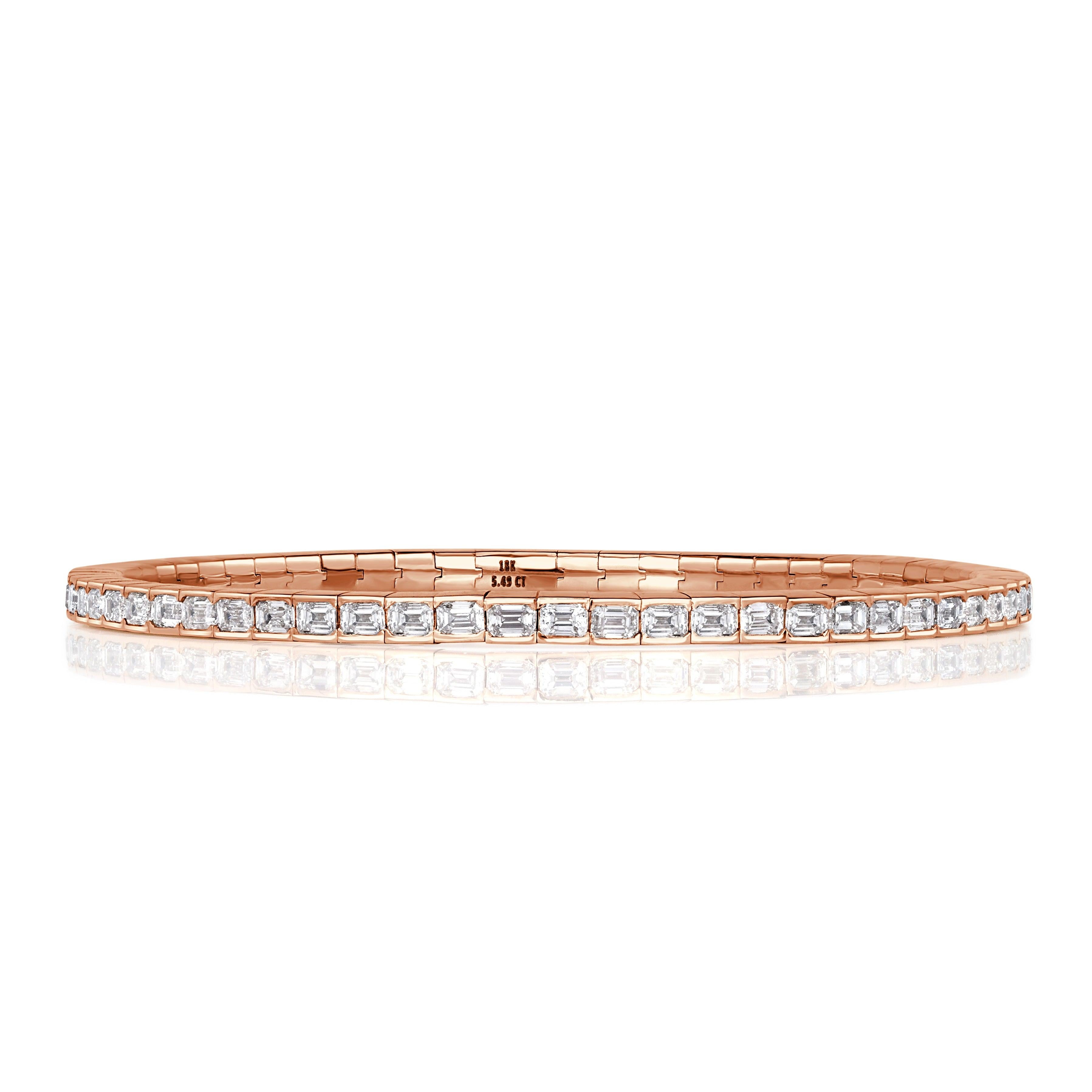 5.49ct Emerald Cut Diamond Stretch Tennis Bracelet in 18K Rose Gold For Sale