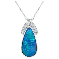 5.49ct Opal Necklace with 0.58tct Diamonds Set in 14k White Gold