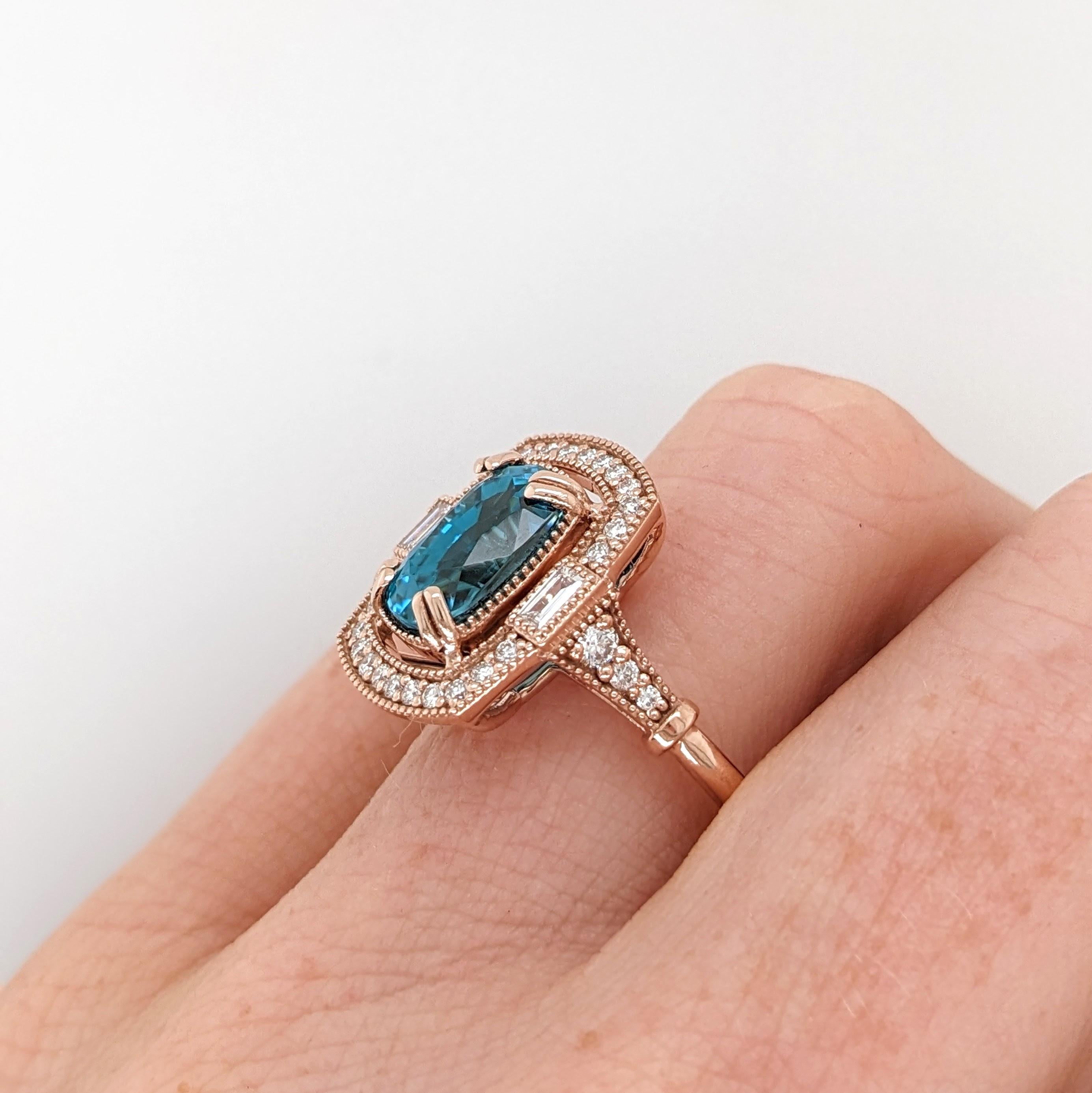 Art Deco 5.4ct Blue Zircon Ring w Earth Mined Diamonds in Solid 14K Rose Gold CU 10x7mm For Sale