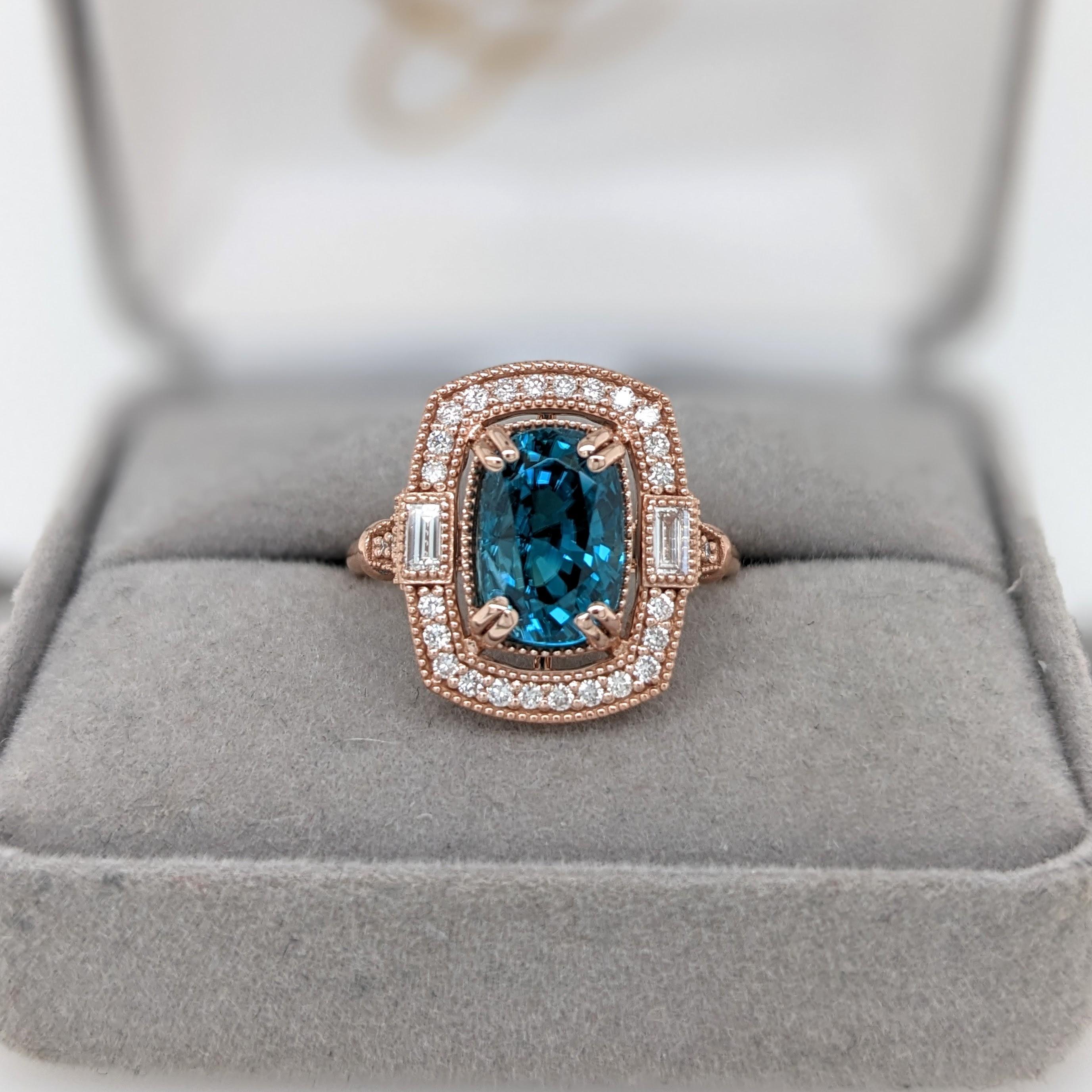 Cushion Cut 5.4ct Blue Zircon Ring w Earth Mined Diamonds in Solid 14K Rose Gold CU 10x7mm For Sale