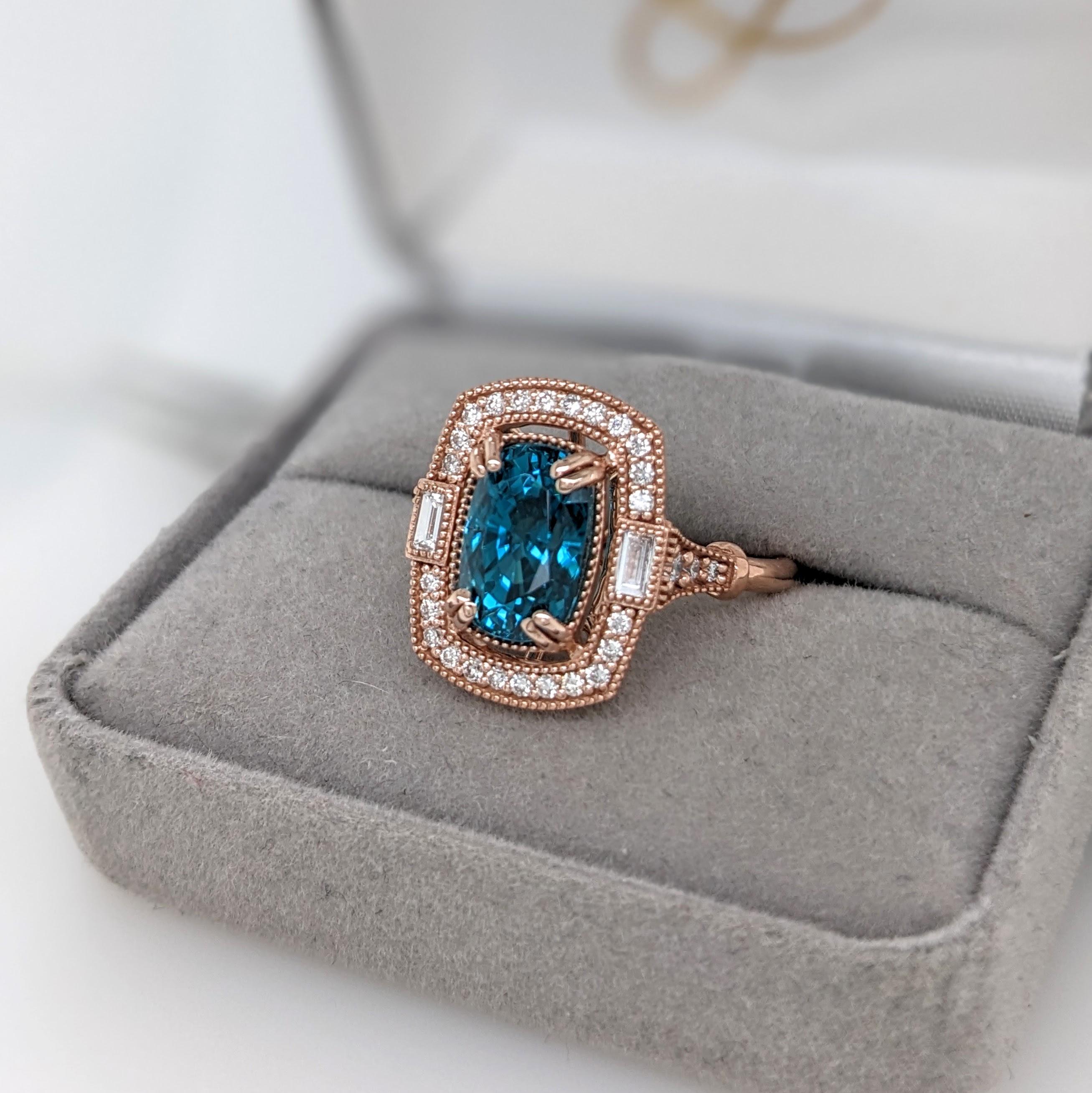 5.4ct Blue Zircon Ring w Earth Mined Diamonds in Solid 14K Rose Gold CU 10x7mm In New Condition For Sale In Columbus, OH