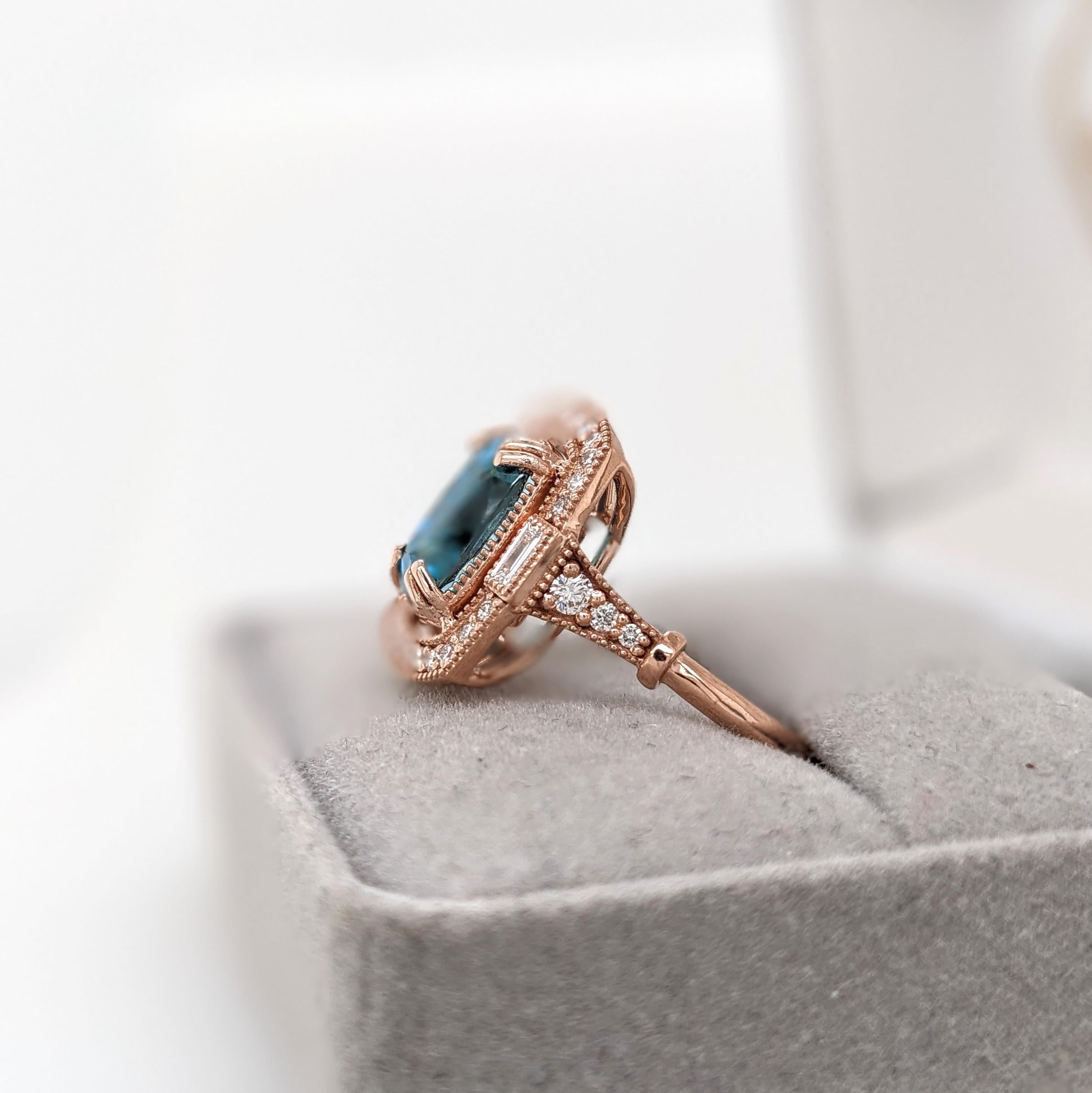 Women's 5.4ct Blue Zircon Ring w Earth Mined Diamonds in Solid 14K Rose Gold CU 10x7mm For Sale