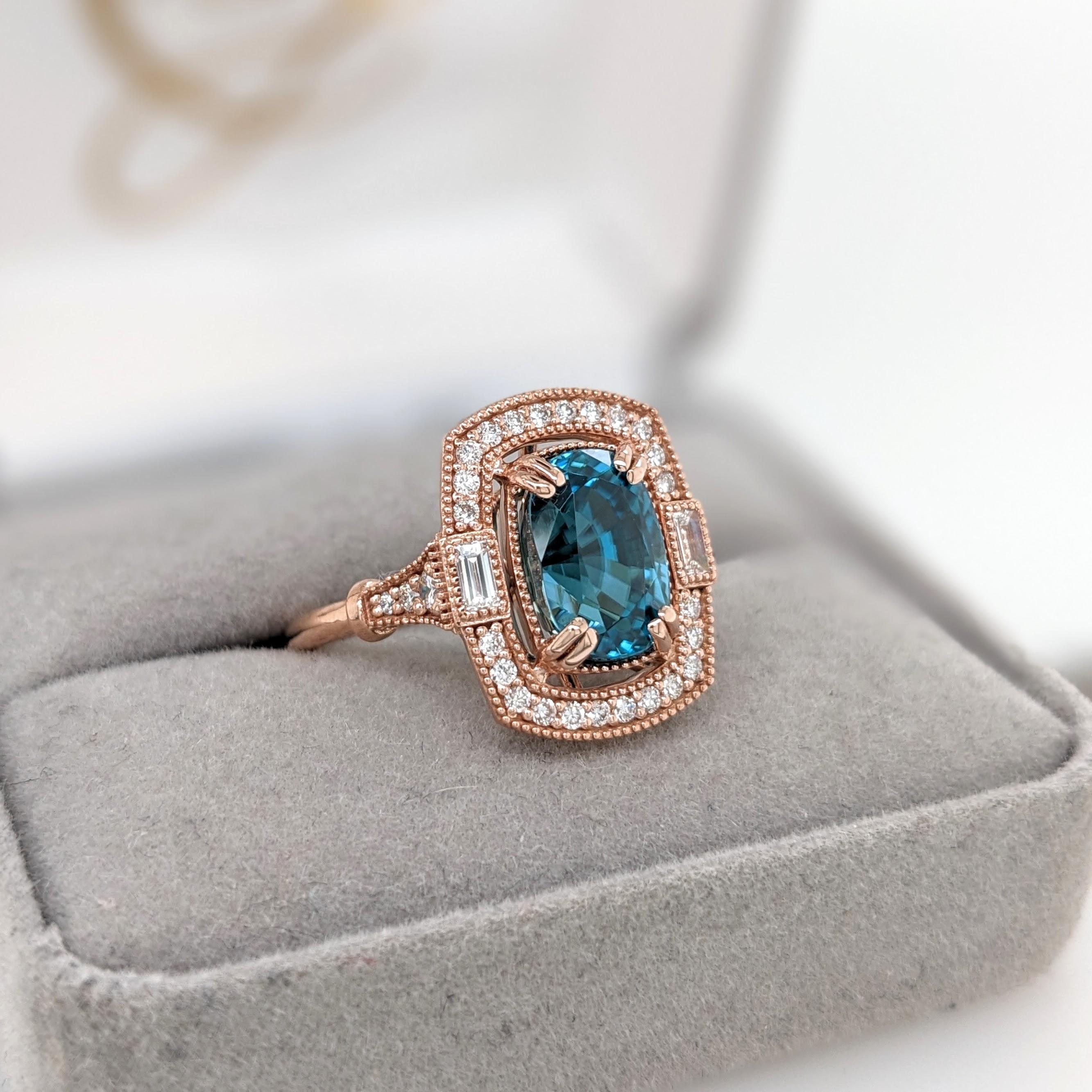 5.4ct Blue Zircon Ring w Earth Mined Diamonds in Solid 14K Rose Gold CU 10x7mm For Sale 1
