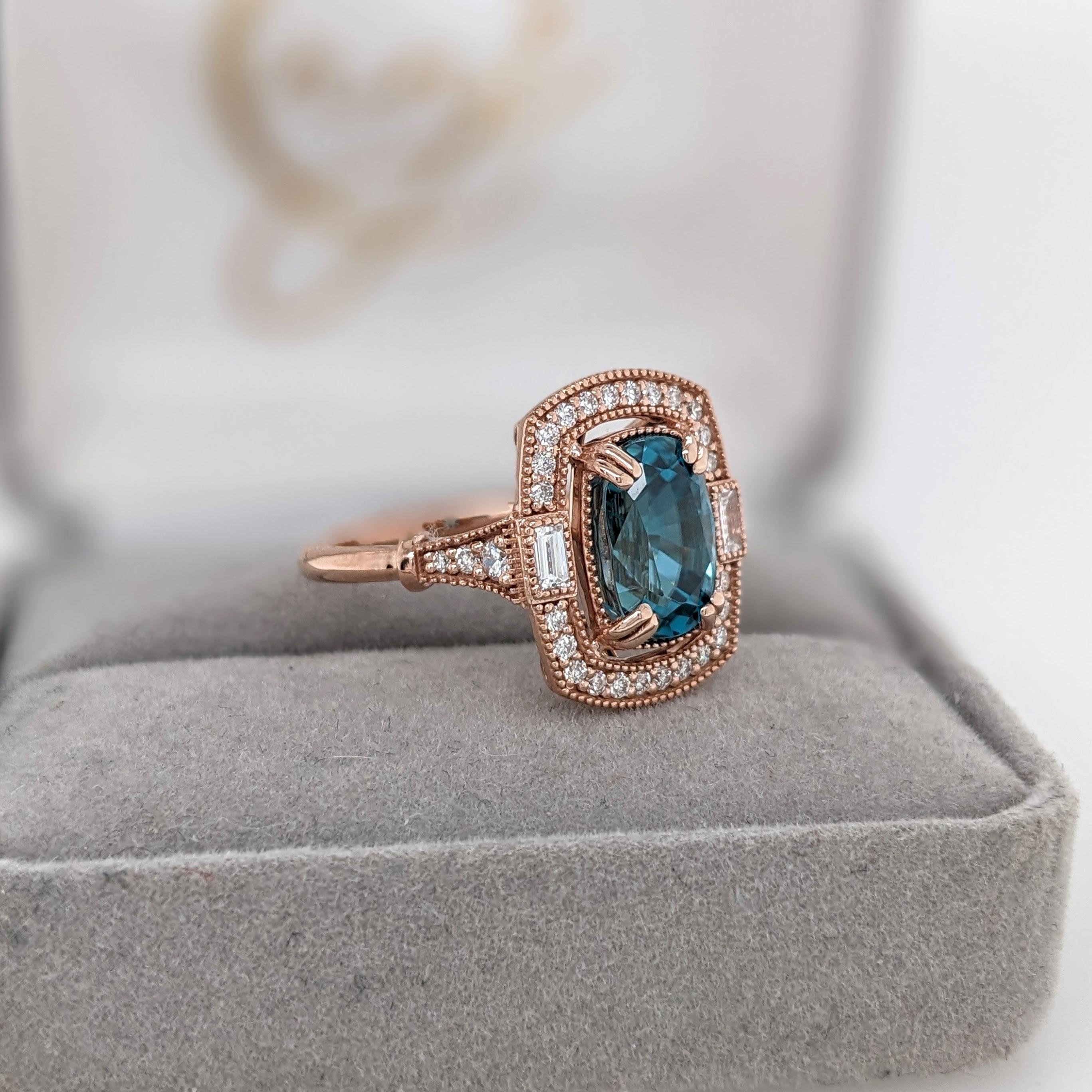 5.4ct Blue Zircon Ring w Earth Mined Diamonds in Solid 14K Rose Gold CU 10x7mm For Sale 2