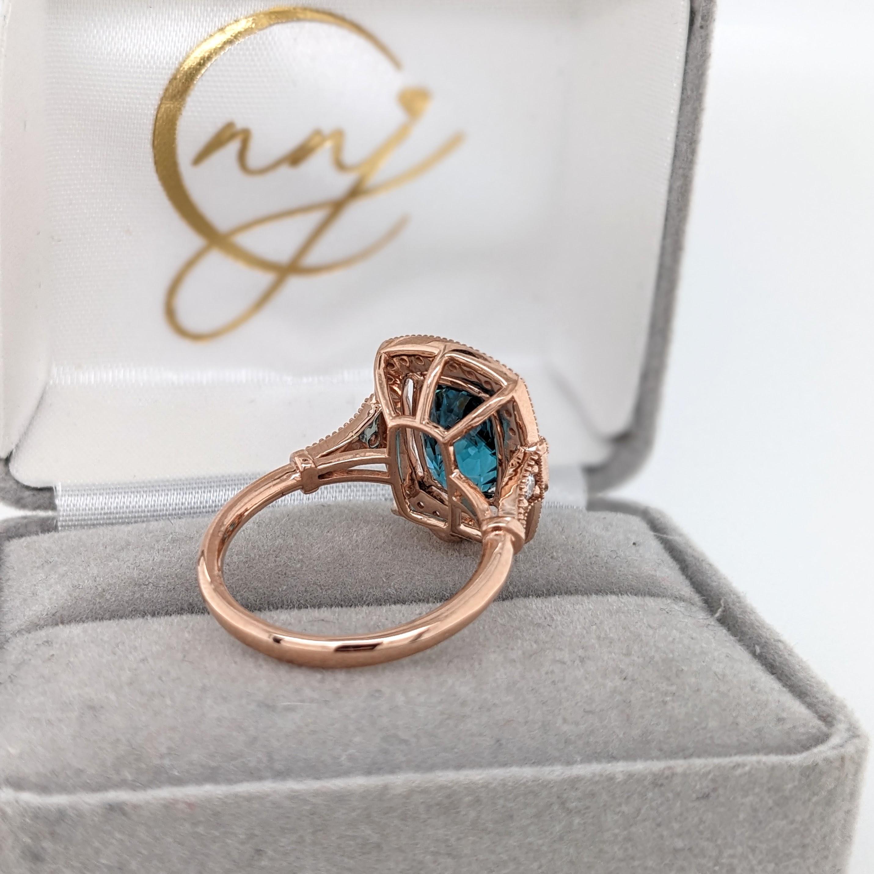 5.4ct Blue Zircon Ring w Earth Mined Diamonds in Solid 14K Rose Gold CU 10x7mm For Sale 3