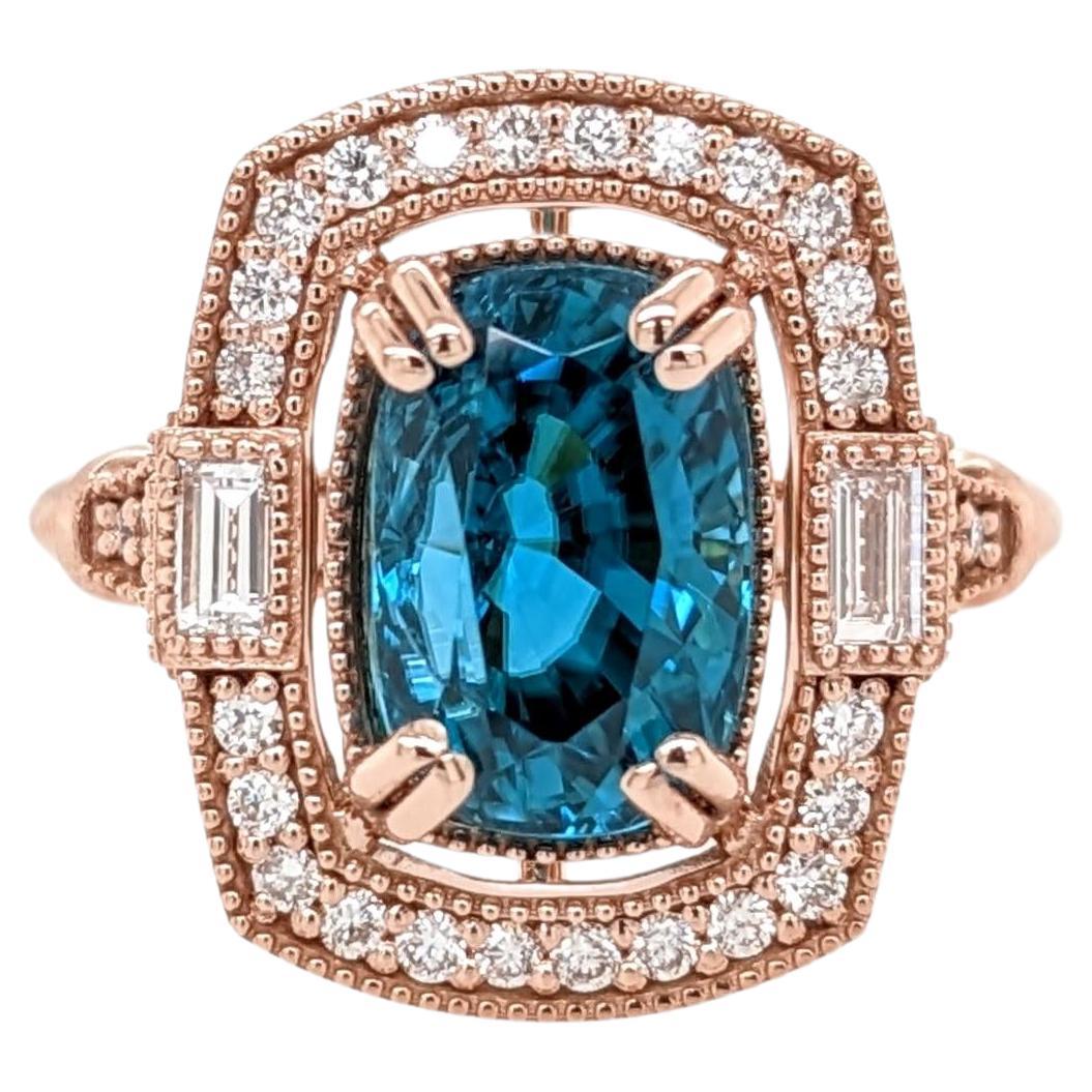 5.4ct Blue Zircon Ring w Earth Mined Diamonds in Solid 14K Rose Gold CU 10x7mm For Sale