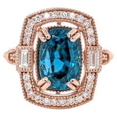 5,4ct Blauer Zirkon Ring w Erde abgebaut Diamanten in massivem 14K Rose Gold CU 10x7mm