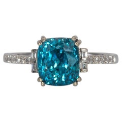 5.4Ct Blue Zircon Ring with Natural Diamond Accents: Solid 14K Gold, 8x7mm
