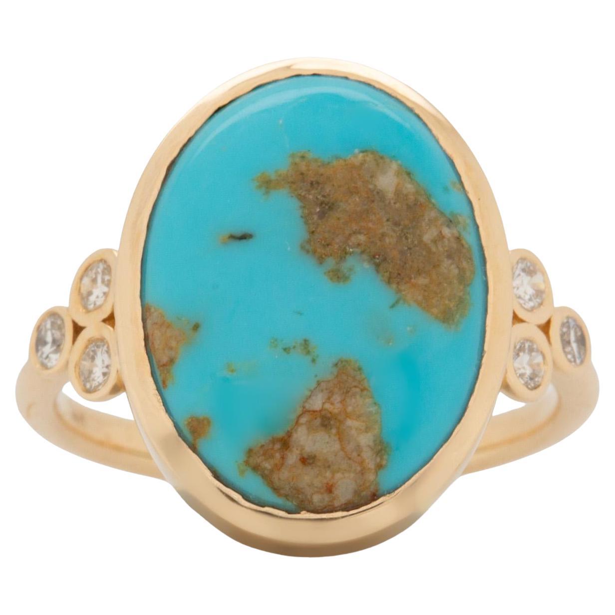 5.4cts Sonoran Turquoise Ring with Natural Diamonds: Solid 14k Gold, 16x12mm For Sale