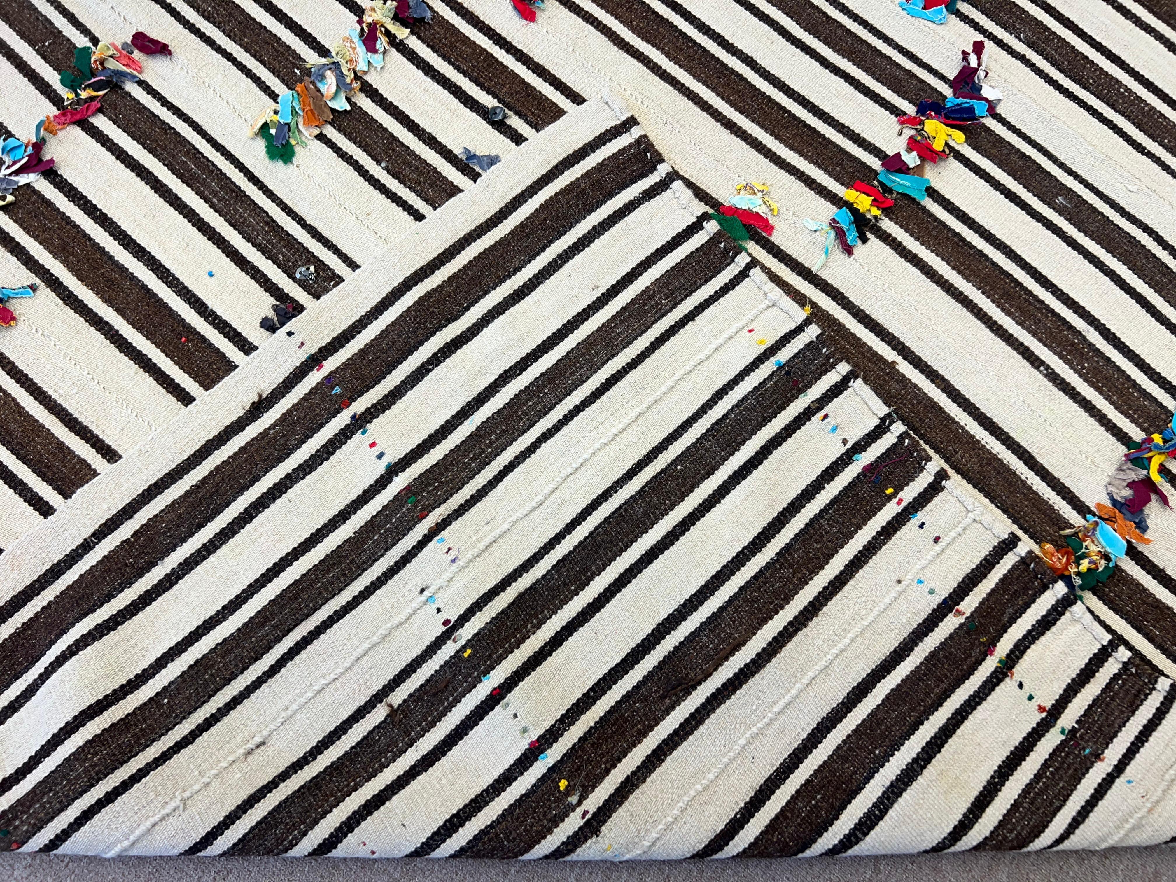 5.4x10.7 Ft Hand Woven Striped Turkish Natural Wool Kilim Rug with Colorful Poms For Sale 4