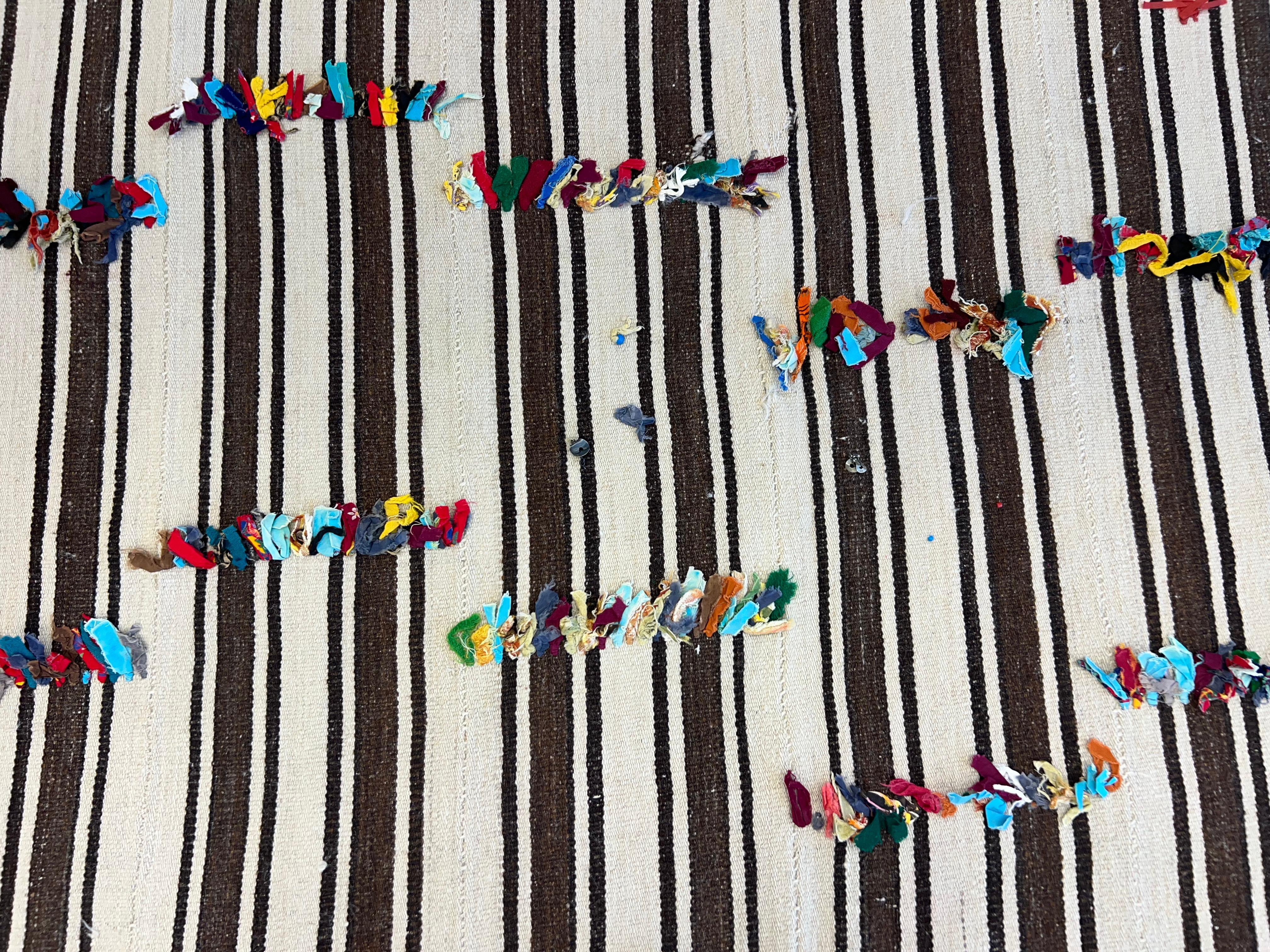 5.4x10.7 Ft Hand Woven Striped Turkish Natural Wool Kilim Rug with Colorful Poms For Sale 2