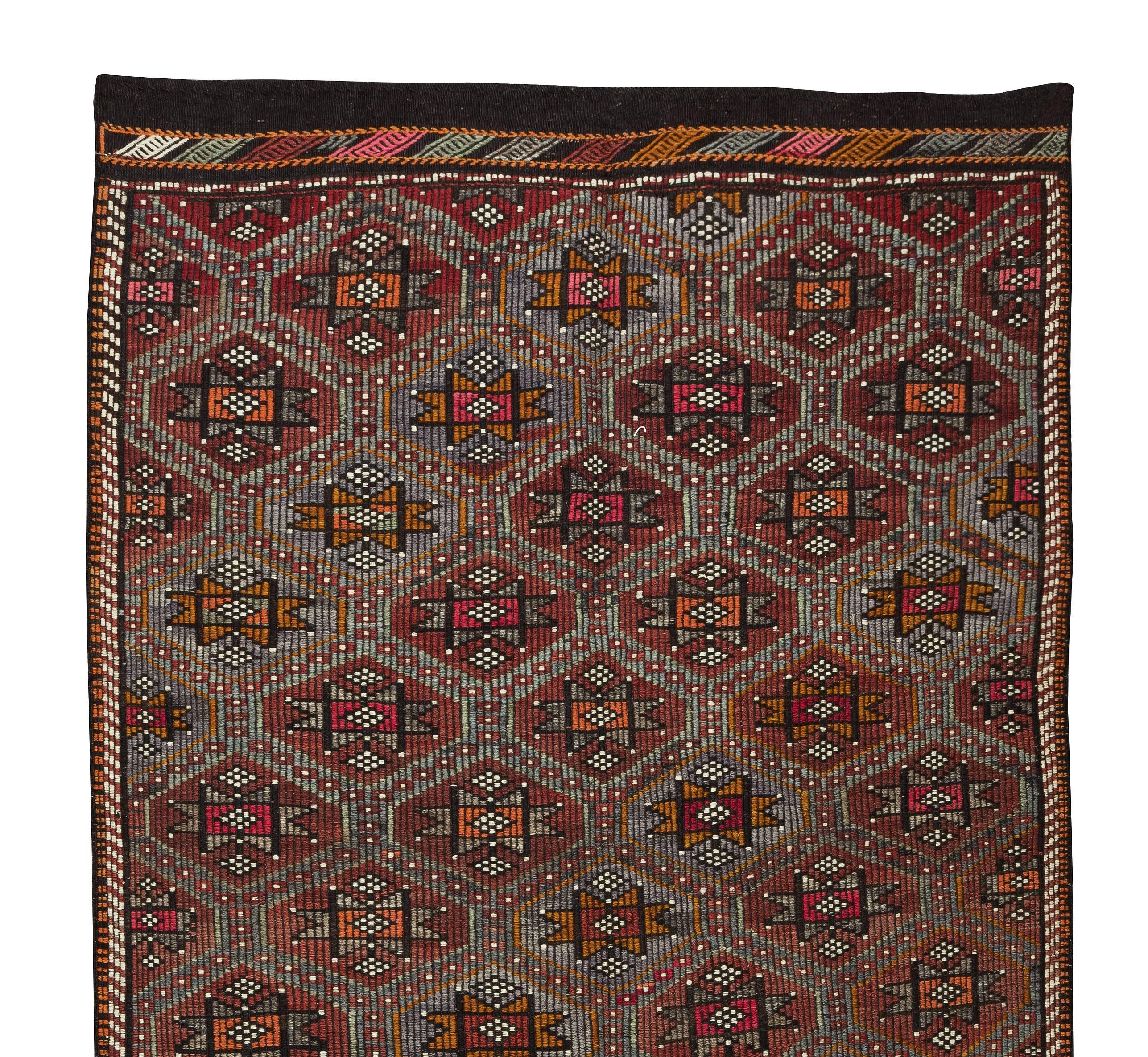 Hand-Woven 5.4x11 Ft Vintage Anatolian Jajim Kilim, Handmade Diamond Pattern Multicolor Rug For Sale